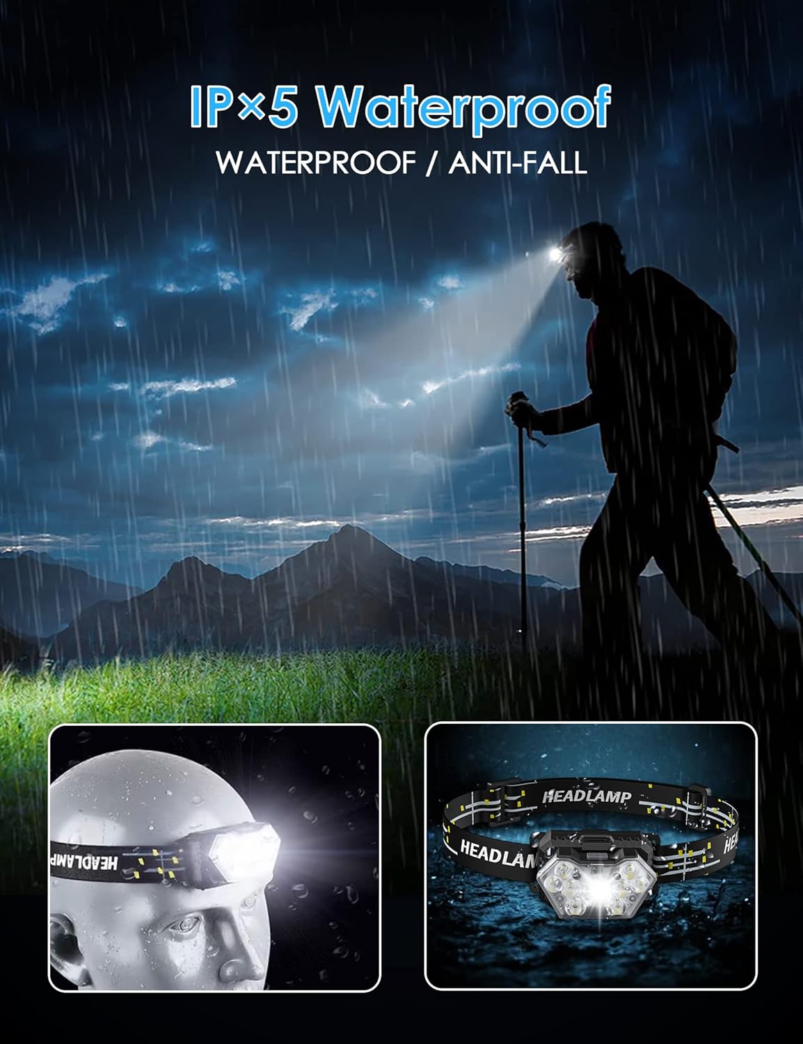 LED-Stirnlampe, 2 Stück, 2000 Lumen Stirnlampe, batteriebetrieben mit 6 Lichtmodi, 6 AAA-Batterien im Lieferumfang enthalten – Bild 5