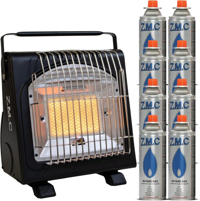 ZMC 2-in-1 tragbarer Gasheizer und Gaskocher + 8 Gaskartuschen 227 g, Campingheizer 1,7 kW, perfekte Wärmequelle ohne Strom, Gasheizer für draußen, Terrasse, mobiler Heizer mit Piezo-Zündung