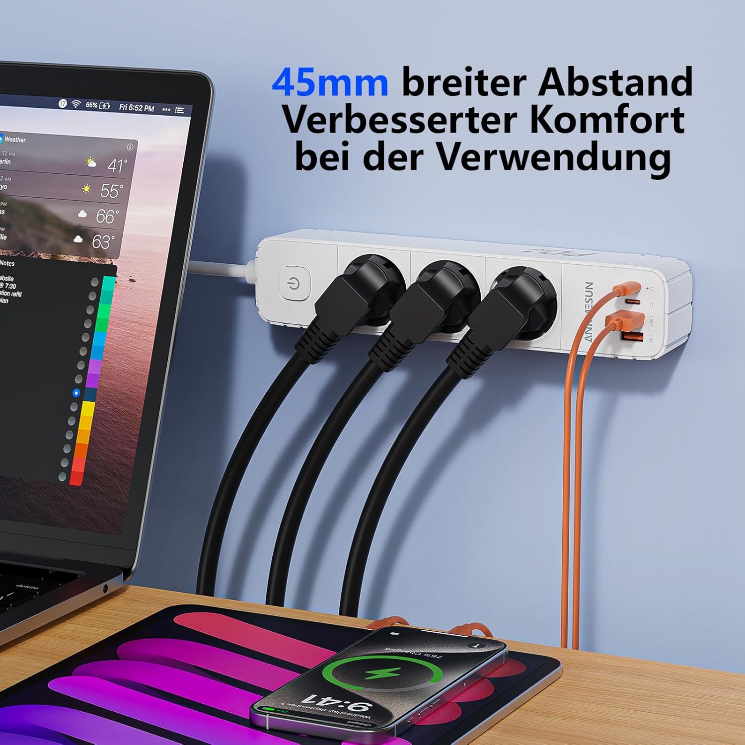 Steckdosenleiste mit USB C PD 20W, 3-fach Steckdose mit Überspannungsschutz, Mehrfachsteckdosen, 4 USB (2 USB-C), Steckdosenleiste Verteilersteckdose mit Schalter und 1,9m Kabel (3 Fächer, Weiß) – Bild 6