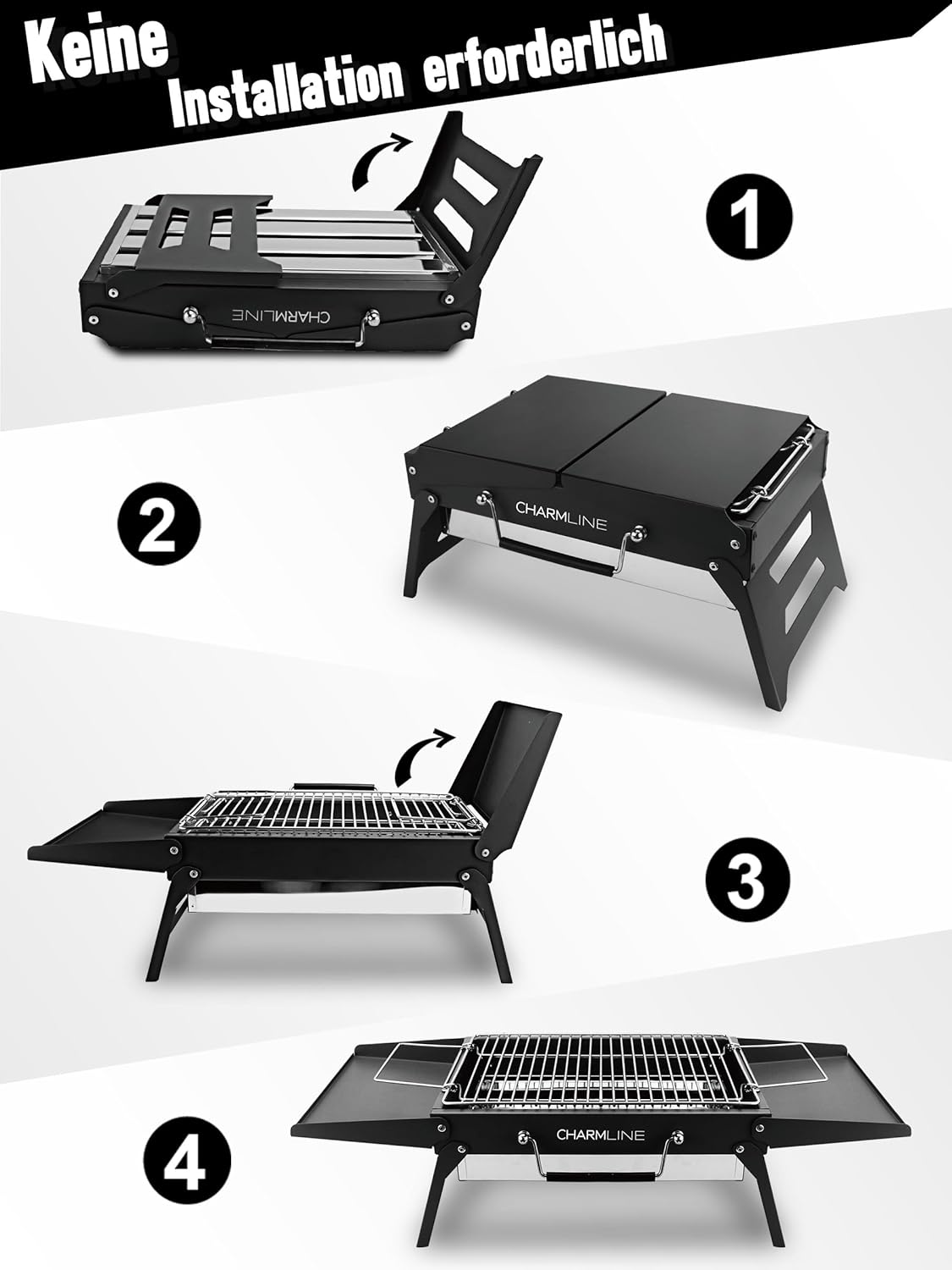 Charmline 34 x 23 cm faltbarer tragbarer Holzkohlegrill, kleiner Camping-Grill, Holzkohle, Picknick-Grill, BBQ-Grill für den Außenbereich, geeignet für Gärten, Strände, Rasenflächen und Tischplatten, schwarz – Bild 3