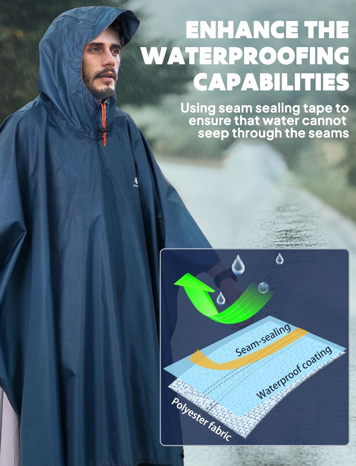 ANYOO Leichte, wasserdichte Regenjacke, wiederverwendbar, Ripstop, atmungsaktiv, Mehrzweck-Regenmantel mit Kapuze, faltbare Schutzdecke, Schutzplane, ideal für draußen, Camping, Wandern, Angeln – Bild 5