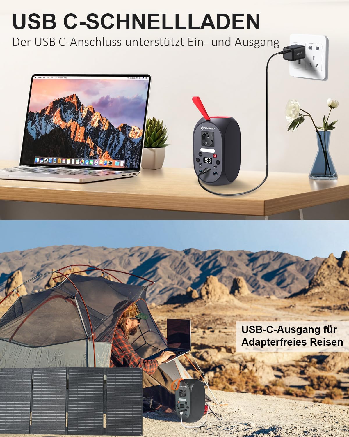 ELECAENTA Tragbares Kraftwerk, 99 Wh LiFePO4-Batterie, 120 W Solargeneratoren mit PD 30 W/AC/DC-Ausgang, Backup-Batterie für Reisen, Outdoor, Camping und Notfälle – Bild 4