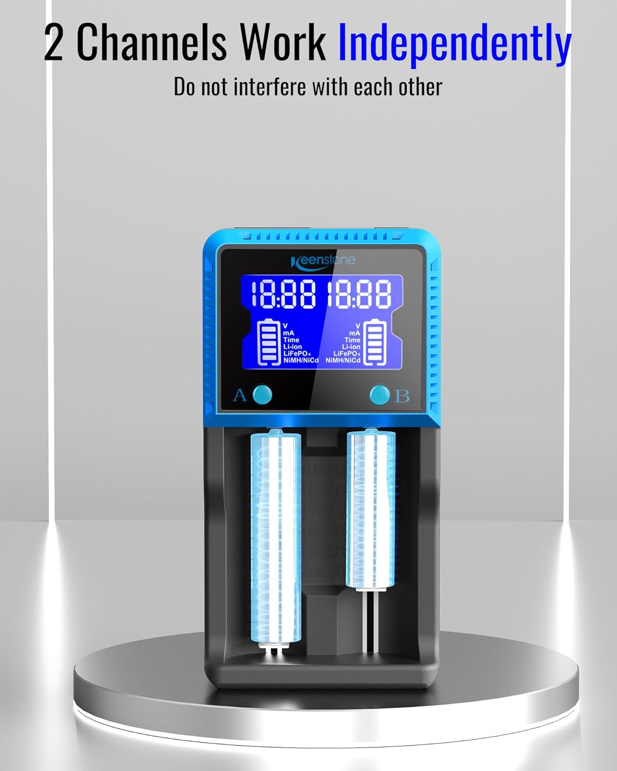 Keenstone Universal Akku Ladegerät, 18650 Akku Ladegerät mit 2 Schacht, LCD Smart Schnell Aufladen Batterieladegerät für NI-MH NI-CD AA AAA Li-Ion LiFePO4 IMR 10440 14500 16340 18650 RCR123 26650 – Bild 3