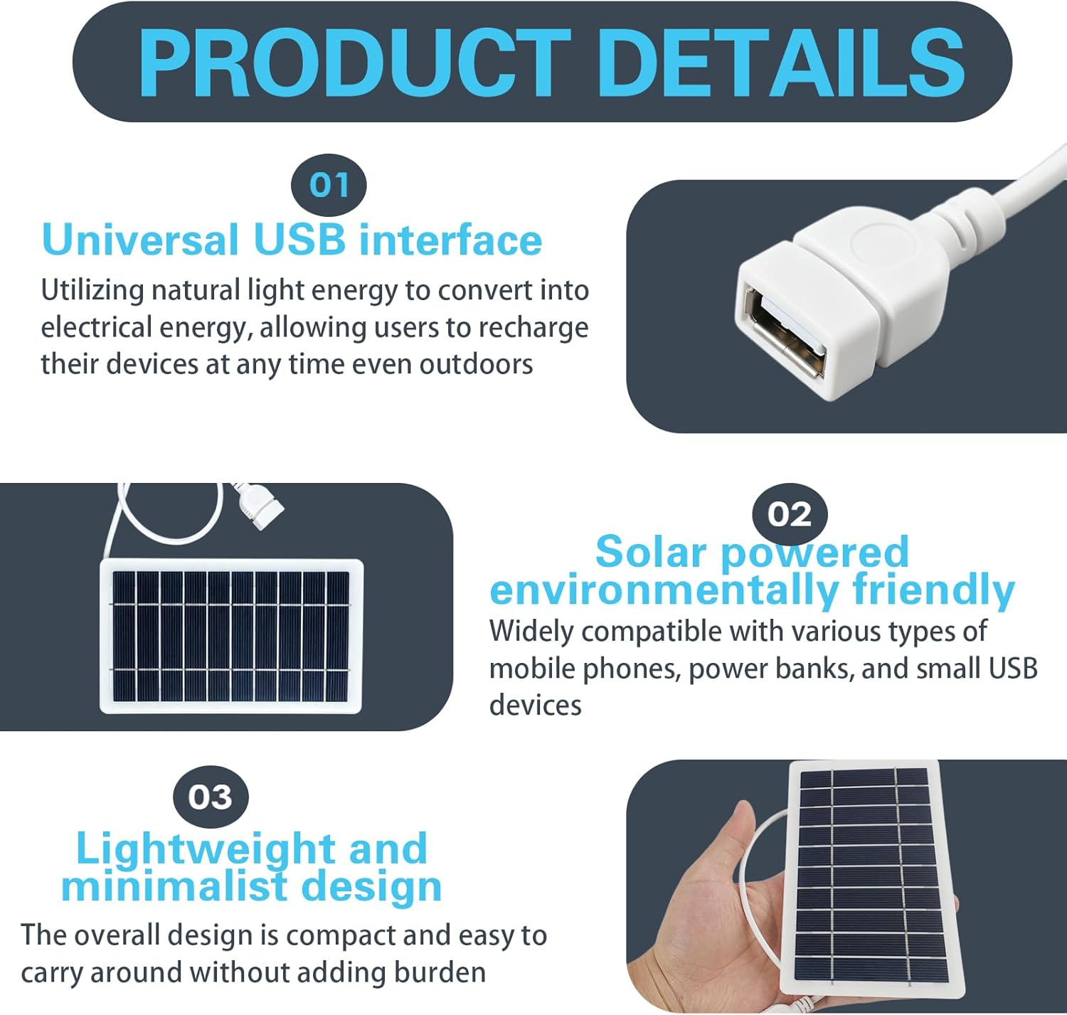 Tragbares Solarpanel 5 W 5 V mit USB-Anschluss – IP65 wasserdichtes Solar-Ladegerät für Handy, Powerbank, Camping, Wandern, Outdoor – Bild 3