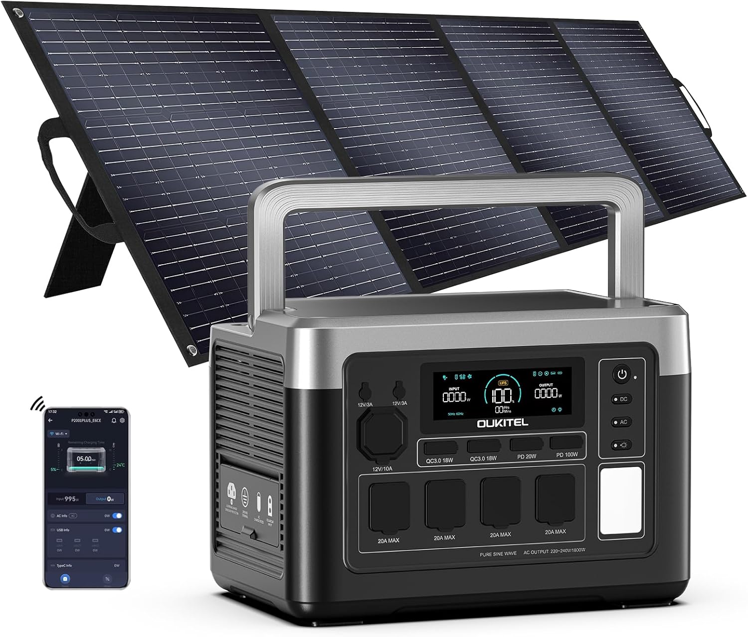 OUKITEL P1000 Plus Tragbares Kraftwerk mit 200 W Solarpanel, 1024 Wh LFP-Batterie-Backup mit 4 x 1800 W AC-Ausgang, Schnellladung von 0–80 % in 40 Minuten, Solargenerator, Notstromgenerator für