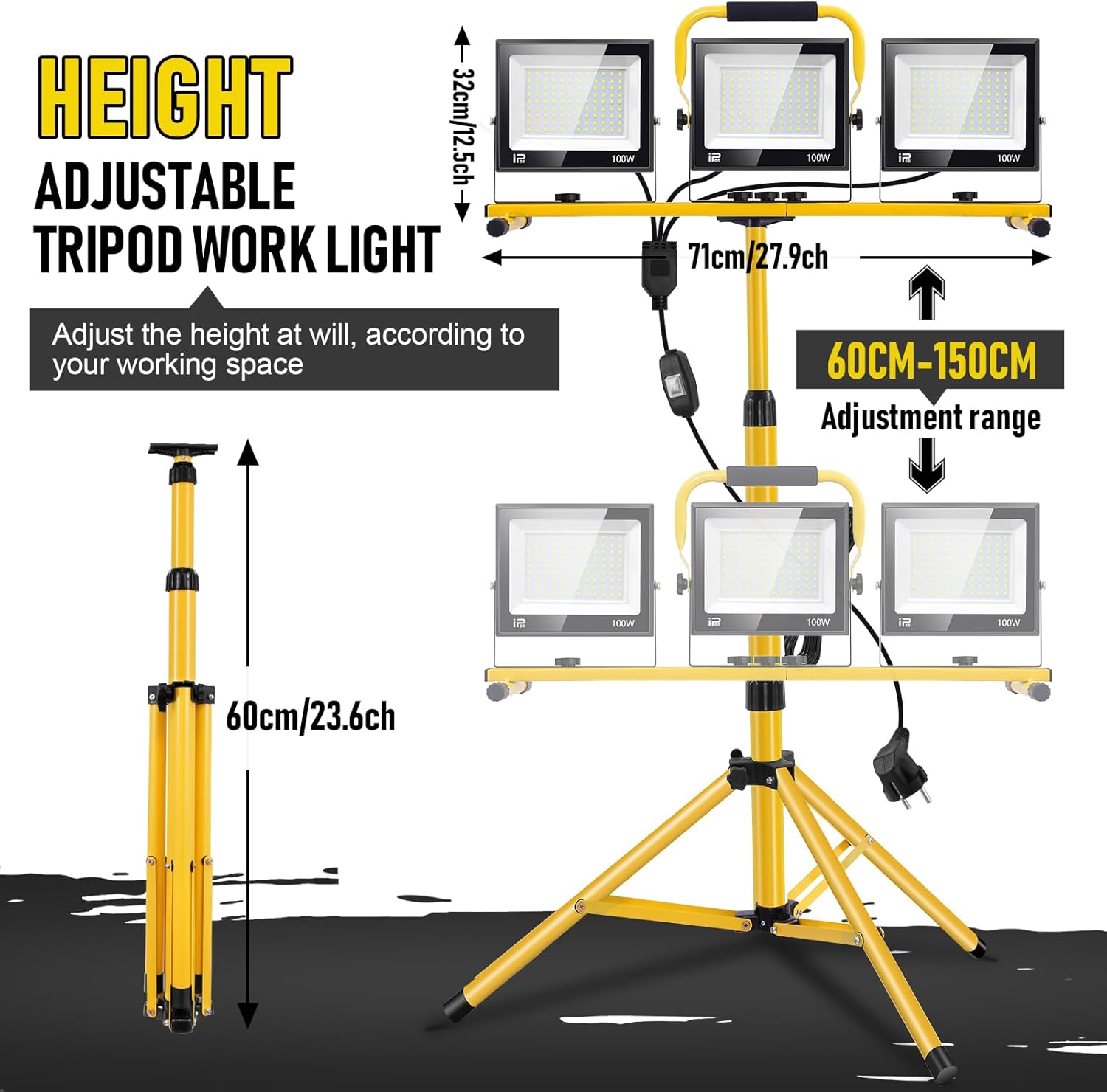 LED-Baustrahler mit Stativ, 300 W, 30.000 LM, 6500 K, LED-Arbeitsleuchte, IP66 wasserdichter Arbeitsstrahler, verstellbare Richtung, Baustellenlampe, Baustellenstrahler für Baustelle, Garage, Werkstatt – Bild 4