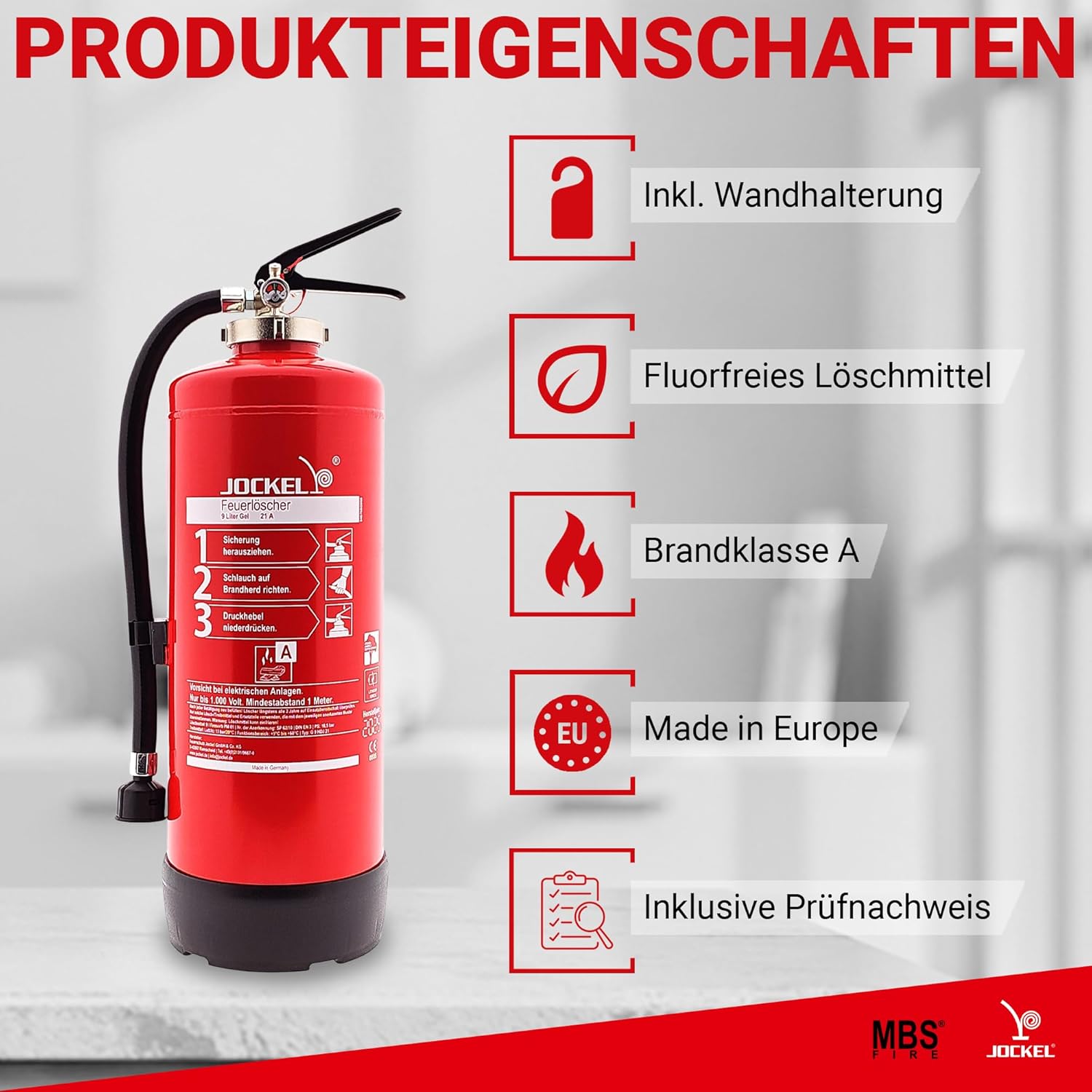 MBS-FIRE Gel-Feuerlöscher Speziallöscher für Lithium-Ionen-Akkus DIN EN 3, GS + Wandhalter + Sockel, 8 A = 4 LE Feuerlöscher mit Wartungszertifikat, Wartungszertifikat 9 Liter – Bild 2