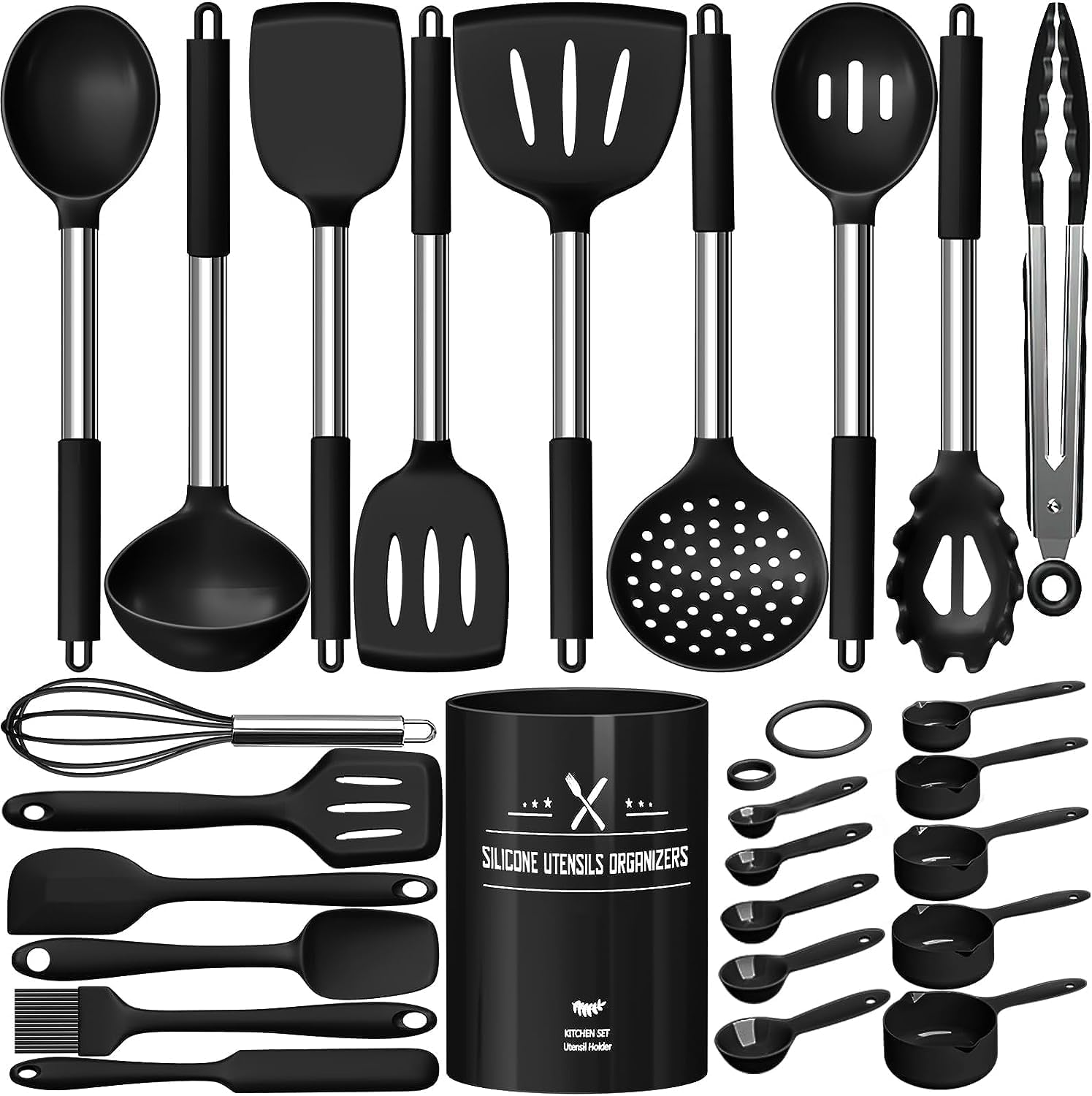 Küchenutensilien-Set, 26-teilig, Silikon-Kochutensilien, Kochbesteck-Set, hitzebeständiges Kochgeschirr mit Utensilienhalter, Antihaft-Kochset, Küchenutensilien mit Edelstahlgriff, spülmaschinenfest
