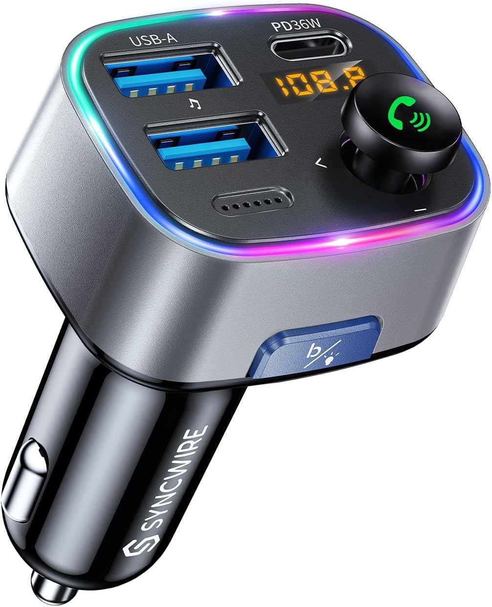 SYNCWIRE Bluetooth 5.3 FM-Transmitter-Autoladegerät 48 W (PD 36 W und 12 W), Ladegerät mit zwei USB-Anschlüssen, Autoadapter, kabelloses Radio-LED-Display, unterstützt 64-GB-USB-Laufwerk, Lichtschalter, Grau