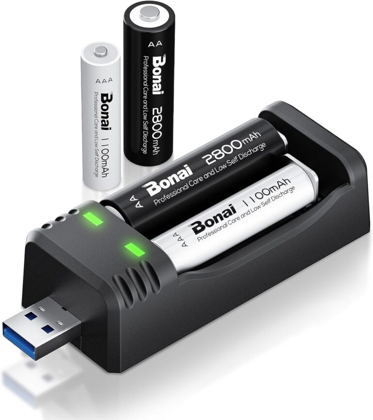 BONAI USB-Akkuladegerät für AA AAA-Akkus, kompaktes Direktstecker-Ladegerät für 1,2 V NI-MH-Akkus, inklusive leistungsstarker 2 x AA- und 2 x AAA-Akkus für Standard-Smartkameras, Fernbedienungen und Spielzeug