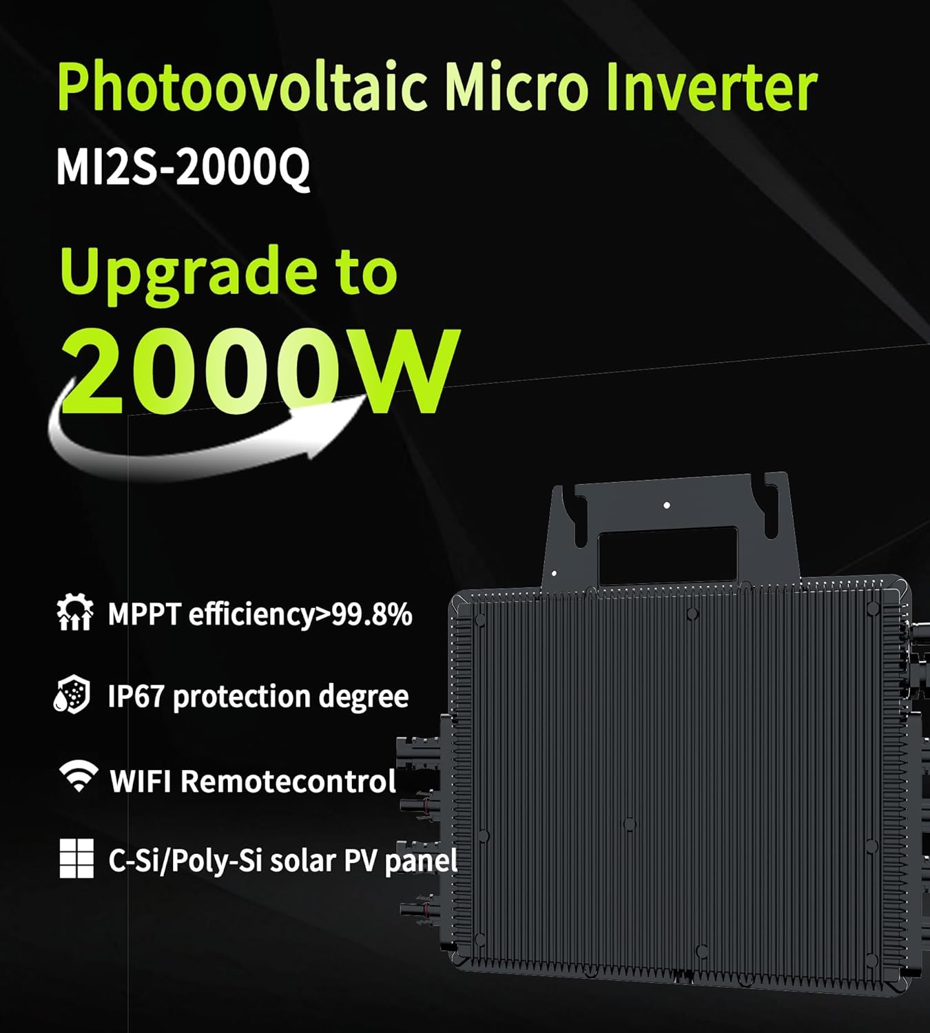 RC Mikro-Wechselrichter 2000 W für Balkonkraftwerk, 26-60 V DC Eingang pro Kanal, 99,8 % MPPT-Wechselrichter, unterstützt WLAN, App-Fernüberwachung, IP67, 0 % MwSt – Bild 2