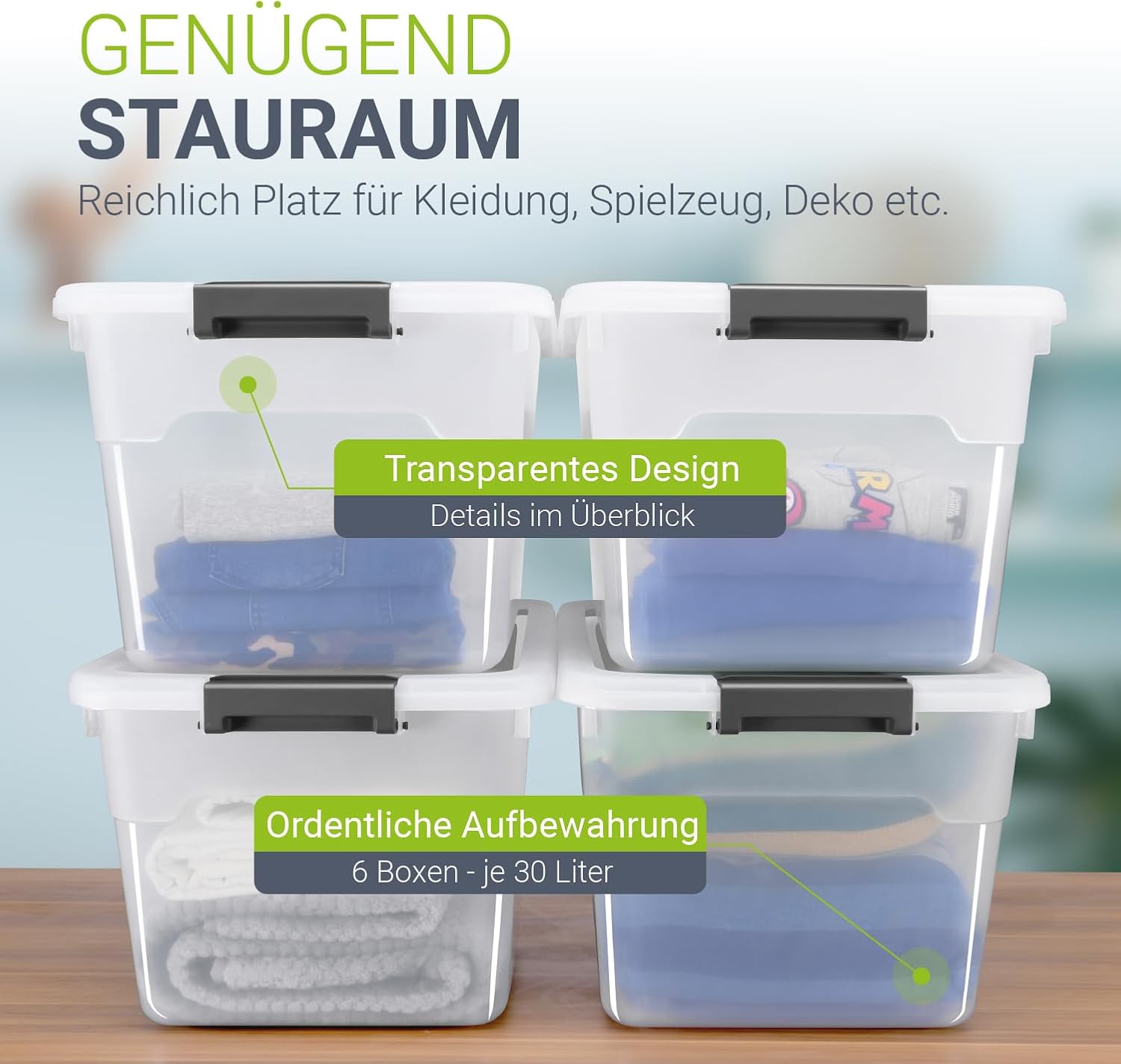 Juskys Aufbewahrungsbox mit Deckel, 6er-Set, Kunststoffboxen, 30 l, groß, stapelbar, transparent, Aufbewahrungs-Organizer-System, Aufbewahrungsboxen – Bild 5