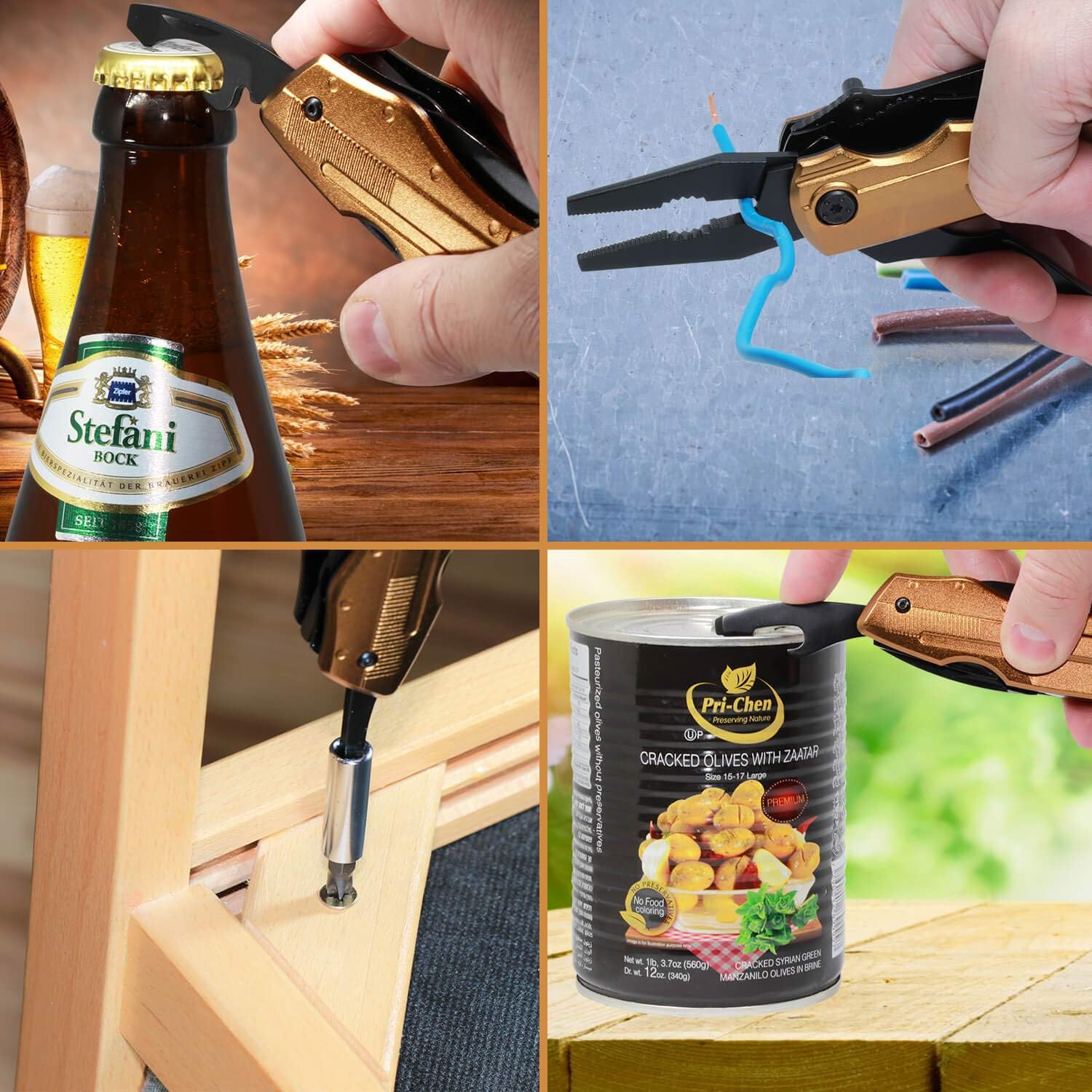 NEKAVA 5-in-1-Multifunktionswerkzeug mit Klappmesser aus schwarzem Edelstahl und goldenem Griff. Ideal als Survivalmesser für Outdoor, Camping, Haushalt. Inklusive kostenlosem Kreditkarten-Tool – Bild 4