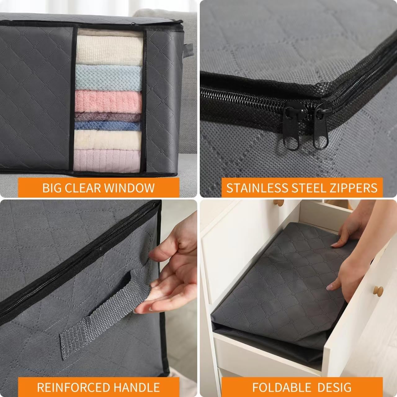 6 Stück 60L Aufbewahrungsbeutel, Aufbewahrungsboxen mit Deckel, große Kleideraufbewahrung, Umzugskartons, faltbare Aufbewahrungsboxen für Bettdecken, Decken, Kleidung, Unterbett, Kleiderschrank – Bild 4