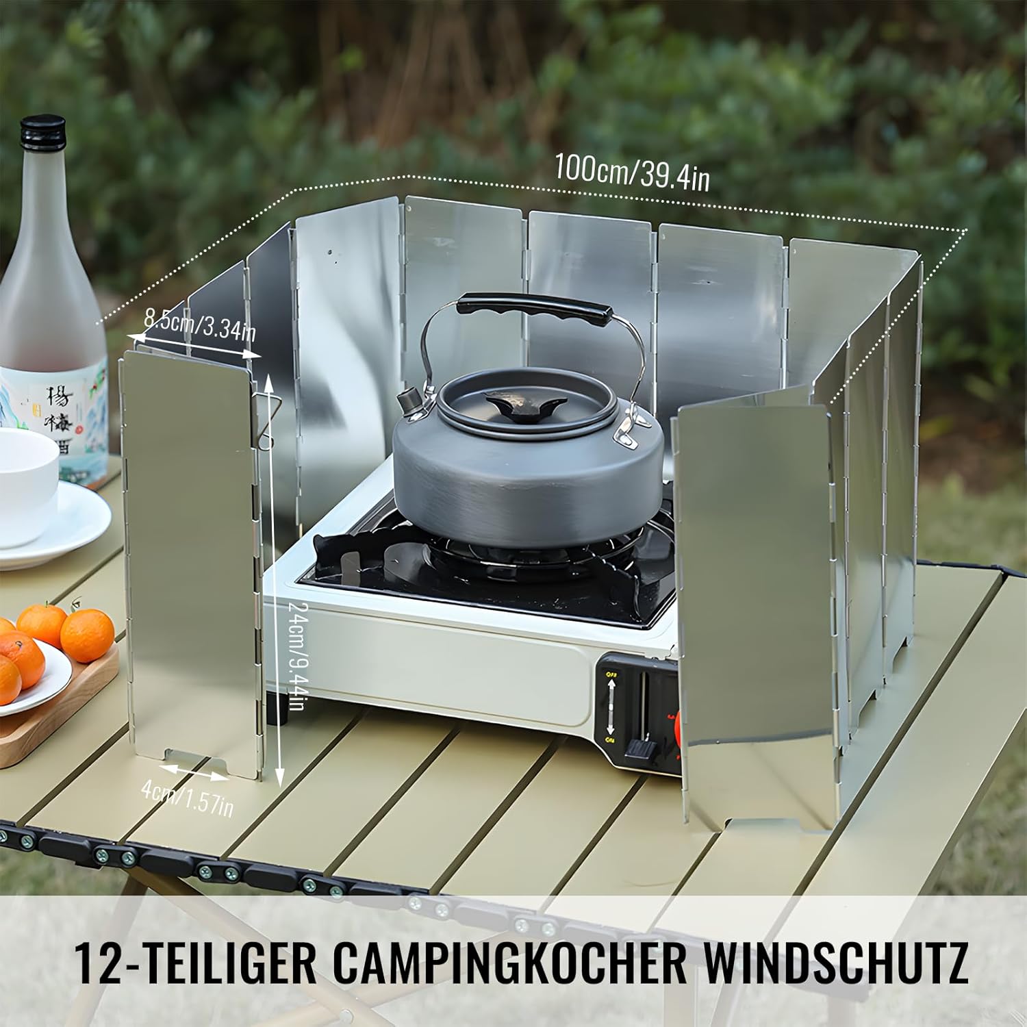 Windschutz Gaskocher, Campingkocher Windschutz, 12-teiliger faltbarer Windschutz Gaskocher, 1 m langer Metall-Windschutz für Campingkocher, Camping-Gaskocher Windschutz mit eleganter Verpackung – Bild 2