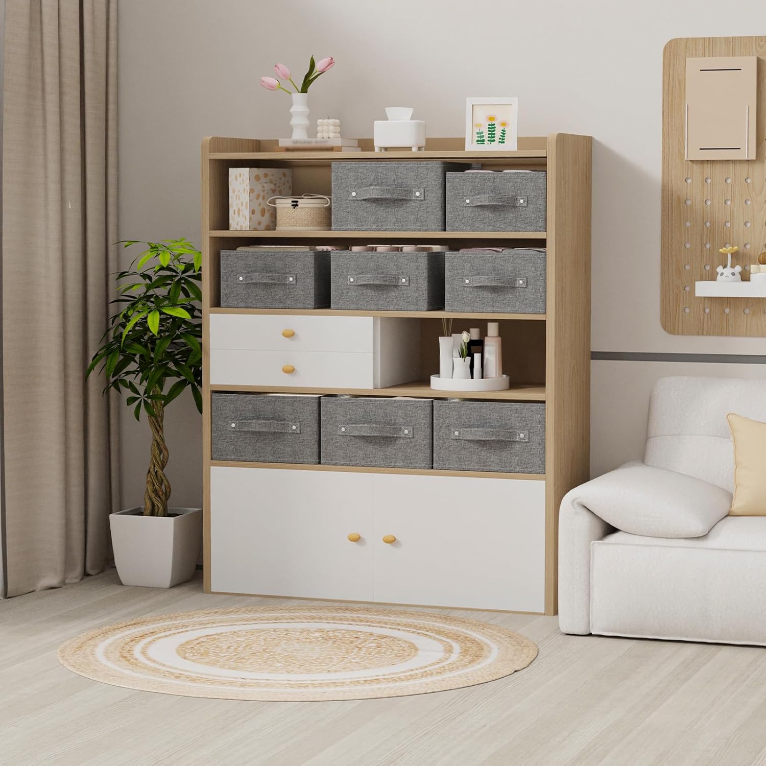 2 Stück Aufbewahrungskörbe für Regale, faltbare Stoff-Aufbewahrungsbox aus Leinen, Schubladen-Organizer-Box mit Griffen für Schrank, offene Stoffbehälter, 33 x 23 x 14 cm, grau – Bild 2