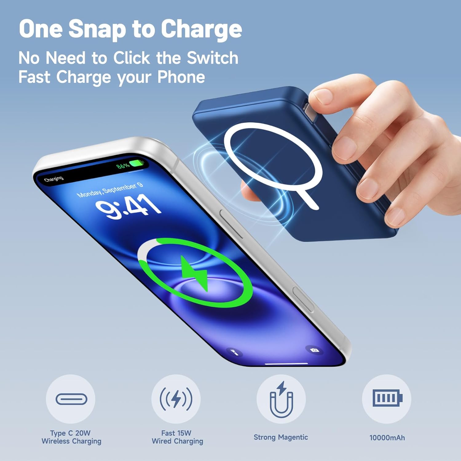Magsafe Powerbank 10000 mAh, kabellose magnetische Powerbank, schnelles Aufladen mit LED-Anzeige und USB-C-Ladekabel, externer Akku für iPhone 17/16/15/14/13/12 Pro Max/Pro/Plus (blau) – Bild 2