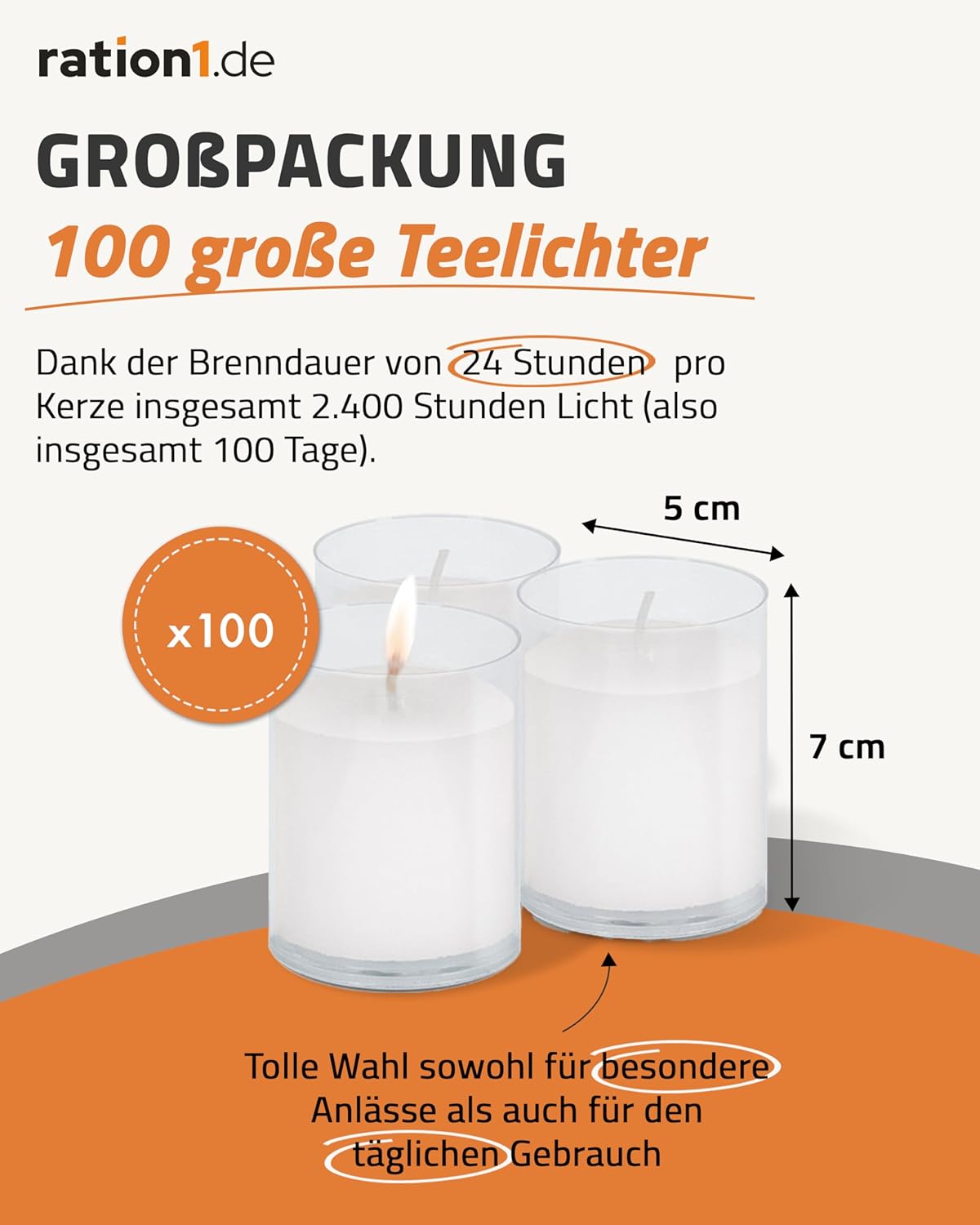 ration1.de 25 Kerzen, Teelichter groß, 24 Stunden Brenndauer, weiß, transparent, Lichtset unparfümiert, im klaren Kunststoffglas, ohne Duftstoffe, rußfrei, Dekoration für drinnen und draußen, Gastro, Party – Bild 5