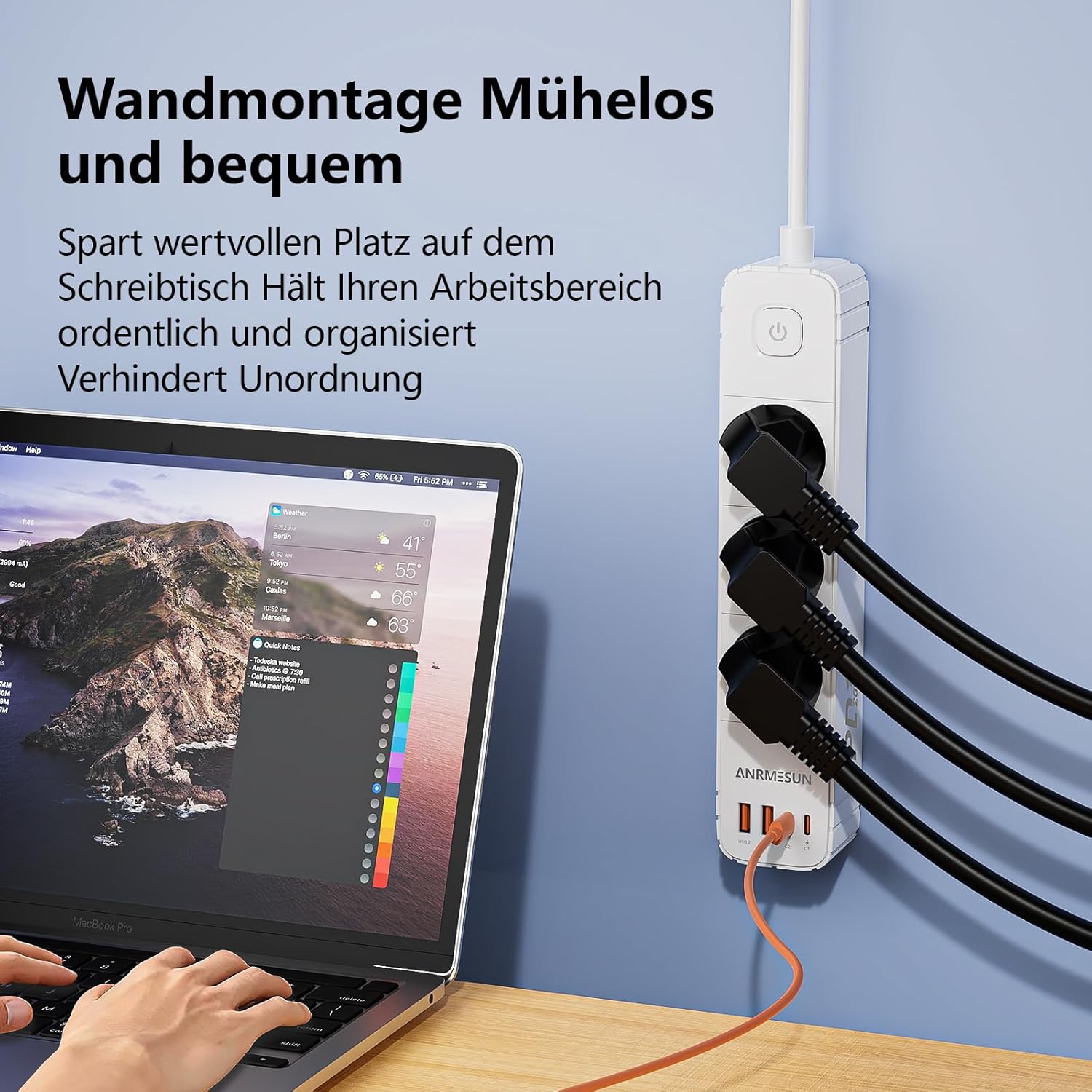 Steckdosenleiste mit USB C PD 20W, 3-fach Steckdose mit Überspannungsschutz, Mehrfachsteckdosen, 4 USB (2 USB-C), Steckdosenleiste Verteilersteckdose mit Schalter und 1,9m Kabel (3 Fächer, Weiß) – Bild 2
