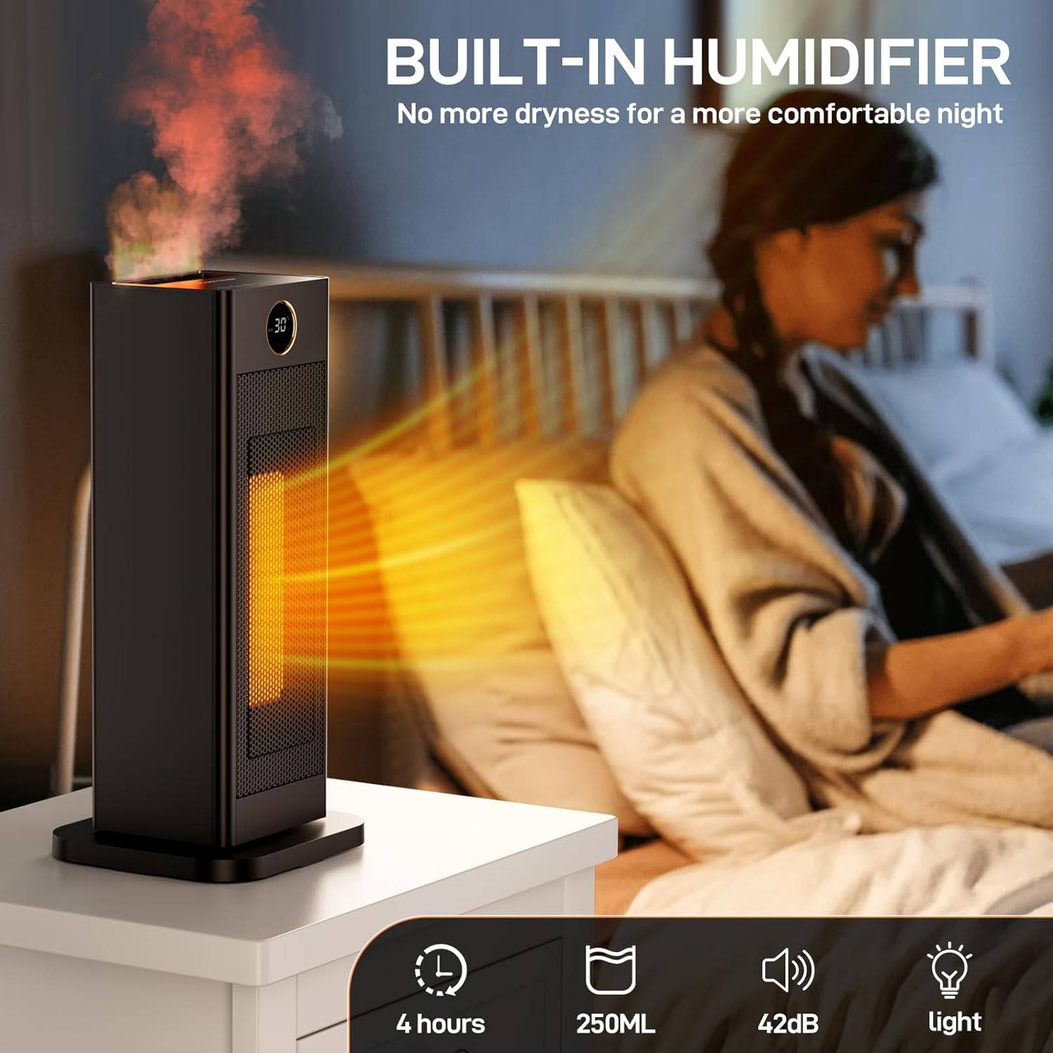 LIFERUN Heizlüfter, energiesparend, klein, elektrische Heizung mit Thermostat und Luftbefeuchter, 90° oszillierende elektrische Heizung, PTC-Keramikheizung, leise, Eco-Modus, für Räume, Schlafzimmer – Bild 6