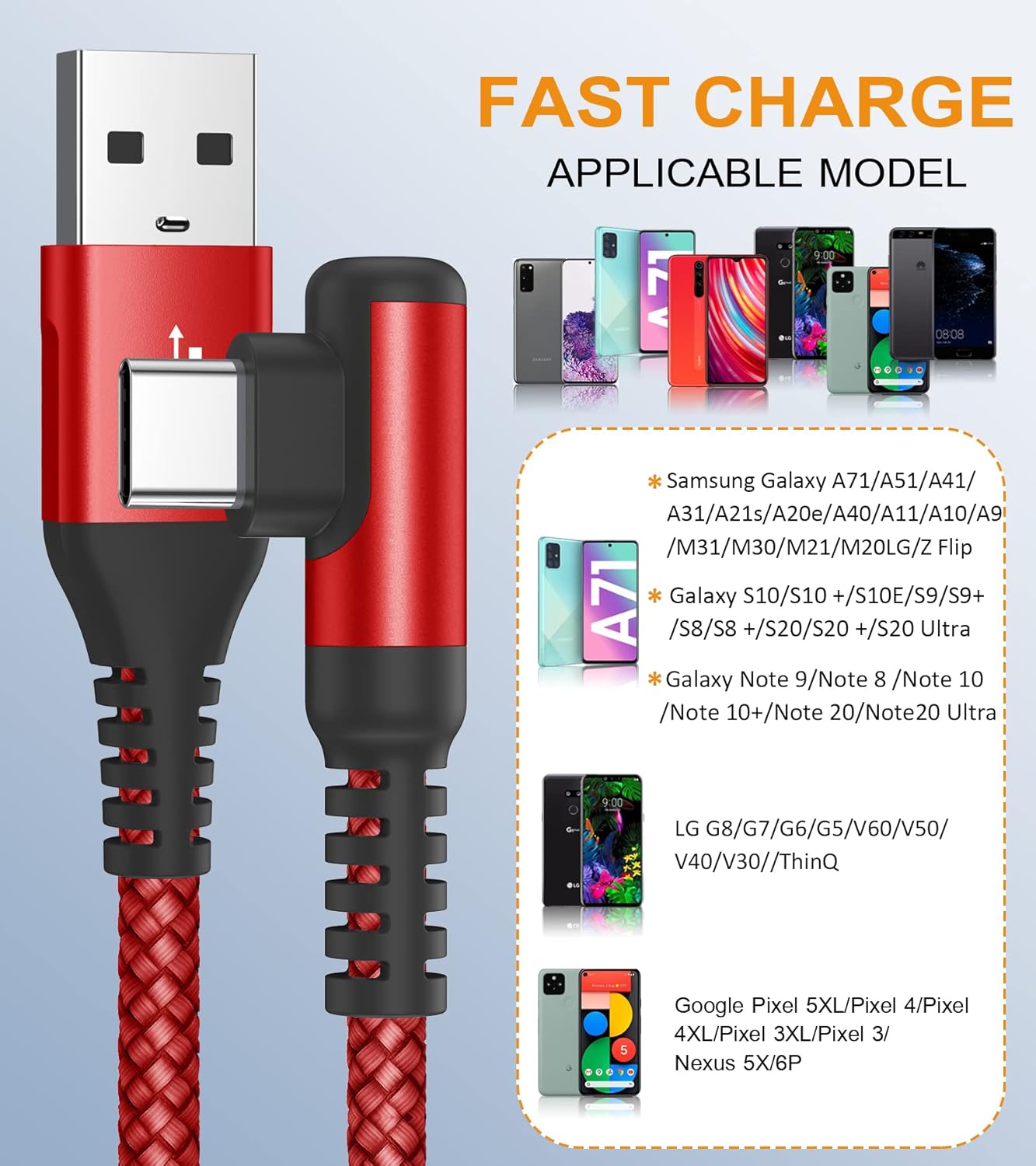USB-C Kabel 90 Grad Winkel (2 Pack, 3 m), Schnellladekabel, USB-C Nylon Typ-C Kabel für Samsung Galaxy S21, S20, S10, S9, S8 Plus, Note 10 / 9 / 8, M31, M30s, M20, A20e, A71, A52, A51, A50, A40, A10, A7, Mi 9 / 8 (Rot) – Bild 7