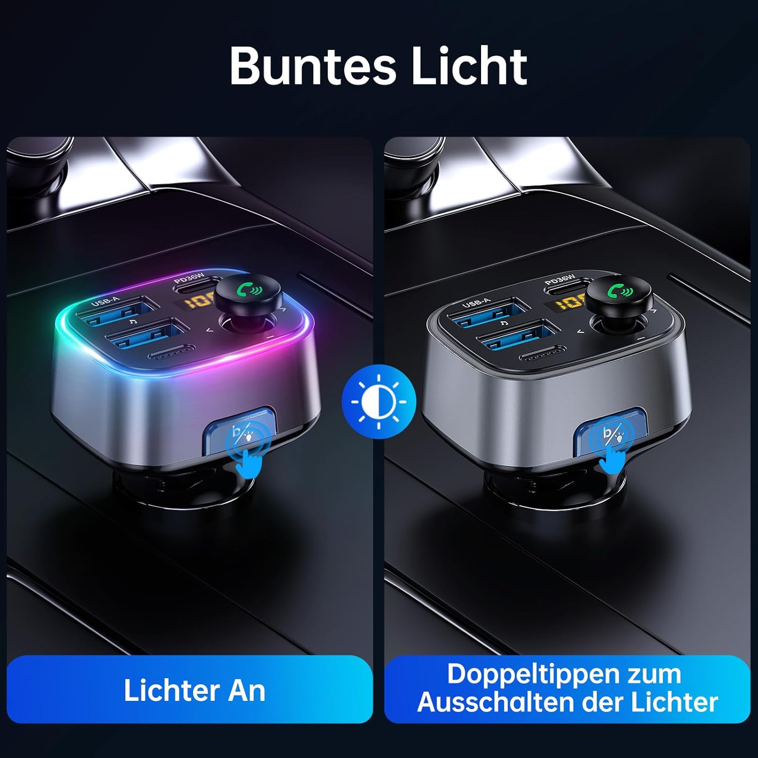 SYNCWIRE Bluetooth 5.3 FM-Transmitter-Autoladegerät 48 W (PD 36 W und 12 W), Ladegerät mit zwei USB-Anschlüssen, Autoadapter, kabelloses Radio-LED-Display, unterstützt 64-GB-USB-Laufwerk, Lichtschalter, Grau – Bild 4