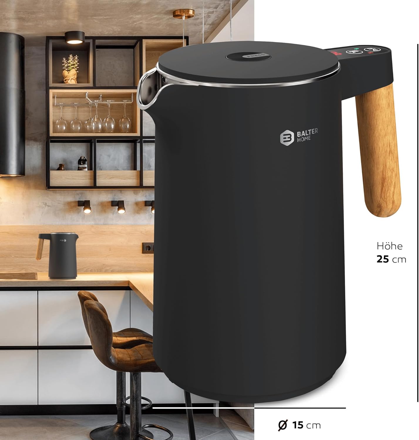 BALTER Edelstahl-Wasserkocher mit Temperatureinstellung, 45 °C – 100 °C, doppelwandig, BPA-frei, leise & kabellos, Warmhaltefunktion, Teebereiter mit Temperaturanzeige, 1,5 l, 2200 W, schwarz – Bild 9