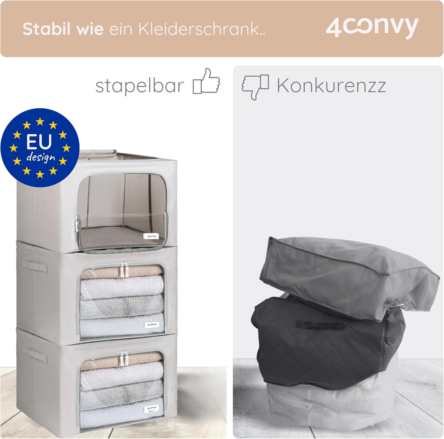 4CONVY Kleideraufbewahrung, Kleiderschrankbox mit Reißverschluss, Metallrahmen – große, faltbare, stapelbare Aufbewahrungsbox – 3 x 66 l Aufbewahrungstaschen – Kleiderbox für die Aufbewahrung von Bettdecken und Kleidung – Bild 2