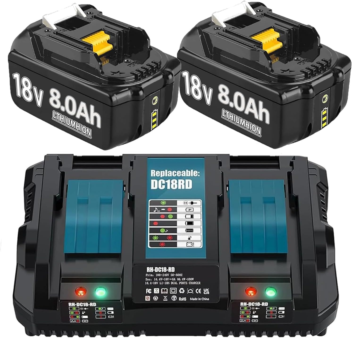 Hohe Kapazität 18 V 8,0 Ah/8000 mAh Verbesserter 2 x Ersatzakku für Makita + Dual Port 6A Ladegerät DC18RD Kompatibel mit BL1860B BL1850B BL1840B BL1830 BL1835 194205-3 LXT-400 mit LED-Werkzeugakku