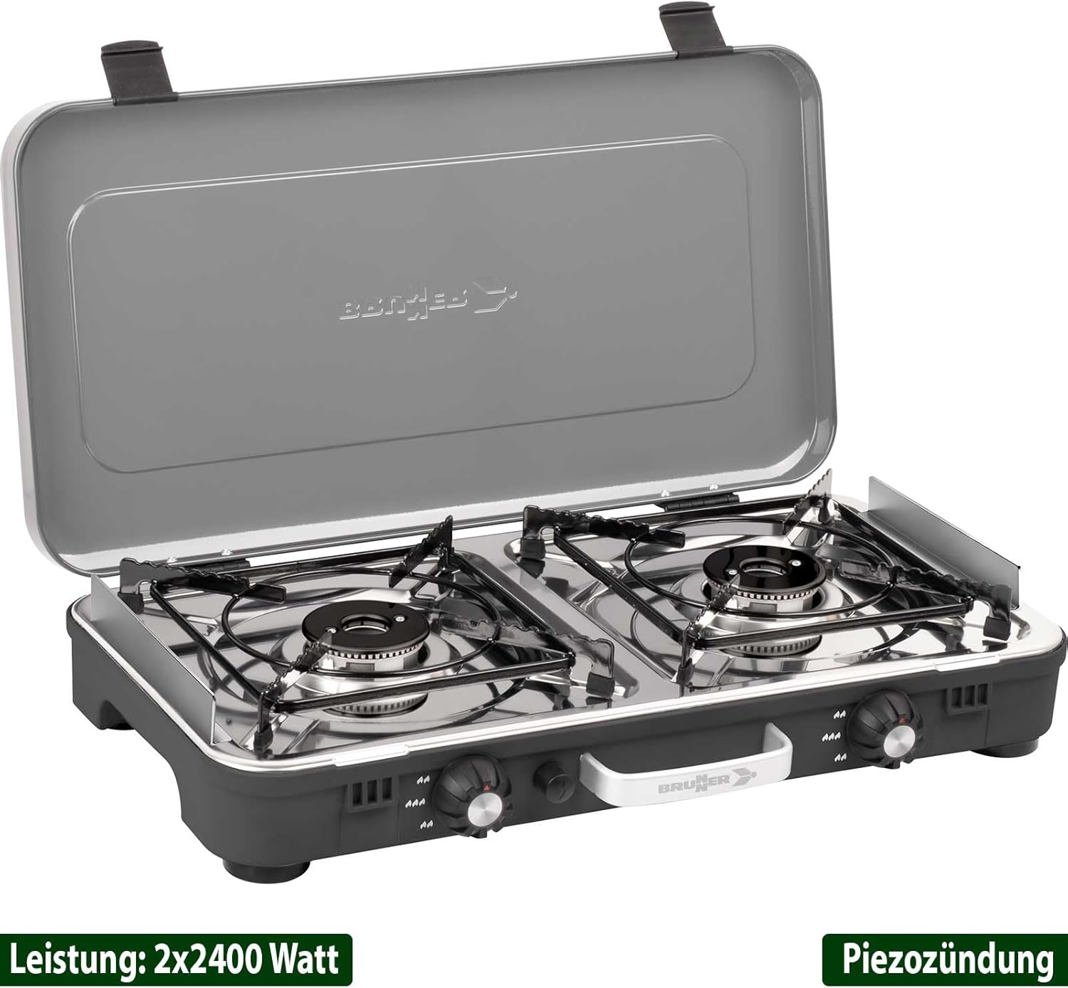BRUNNER: Powerkook 2-in-1 Tisch-Campingkocher 2-flammiger Edelstahl-Gasgrill & Gaskocher 50 mbar mit Grillplatten mit Gasregler + Gasschlauch – Bild 3