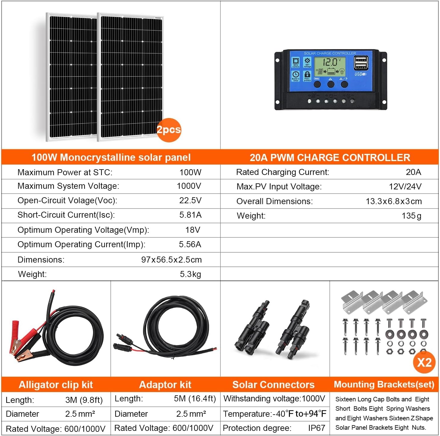 DOKIO Solarpanel 100 W 2 Stück (200 W) 18 V monokristallin (hohe Leistung) für 12 V Autobatterie, AGM, Gel-Batterie, ideal für Wohnmobil, Camping, Gartenhaus – Bild 8