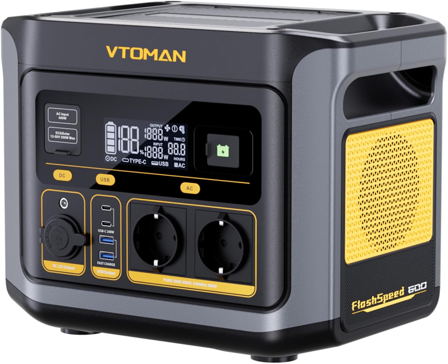 VTOMAN FlashSpeed 600 Tragbares Kraftwerk 600 W (Spitze 1200 W) – 499 Wh Solargenerator LiFePO4-Stromgenerator, mobiler Stromspeicher, 100 W USB-C, 60 Min. Schnellladung 0–80 % für Camping, Angeln, Wohnmobil