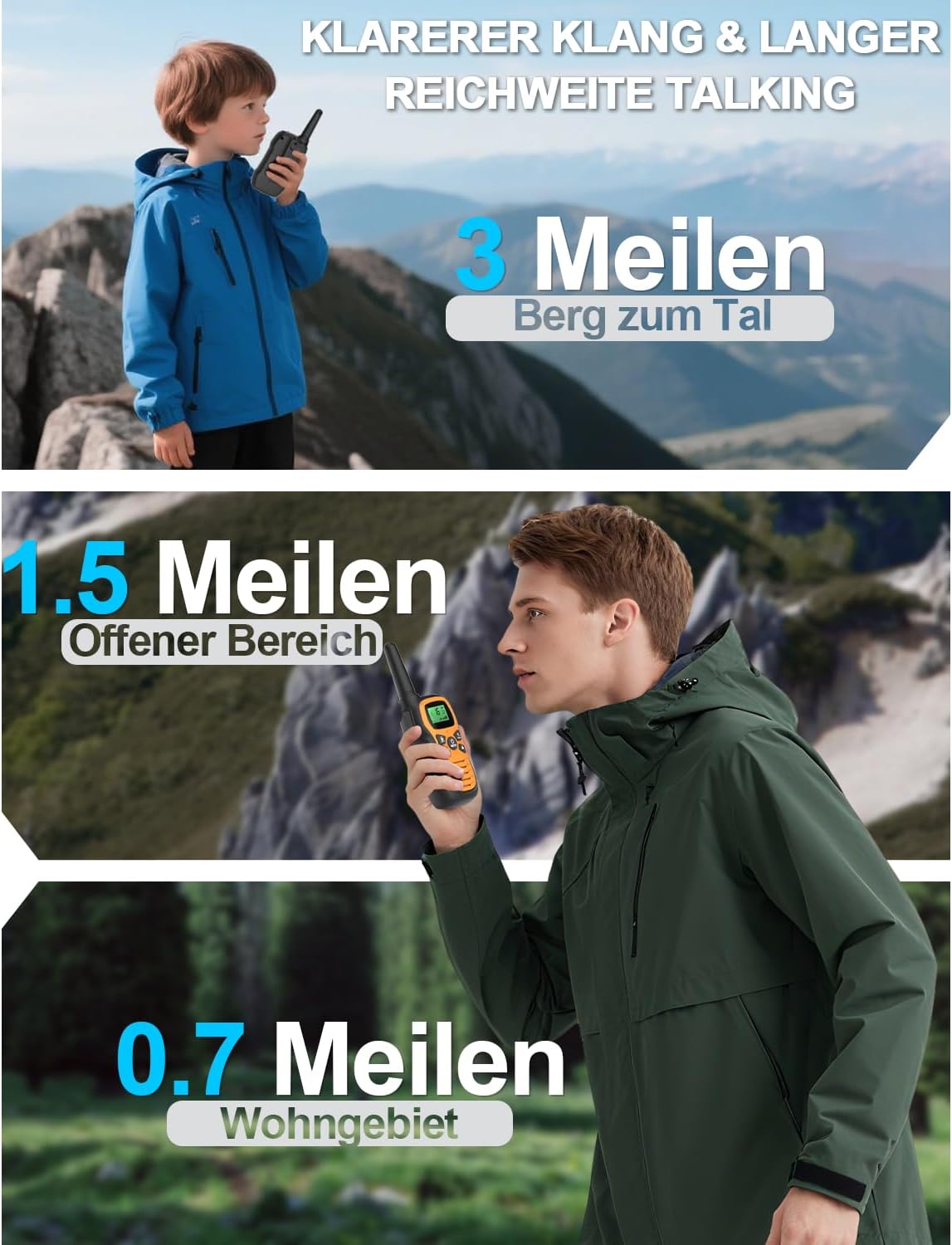 Walkie Talkie, Walkie Talkie wiederaufladbar für Kinder mit 16 Kanälen, 3er-Set, Radio mit VOX-Funktion, LED-Taschenlampe, 3 Meilen lange Distanz für Wandern, Camping, Abenteuer – Bild 4