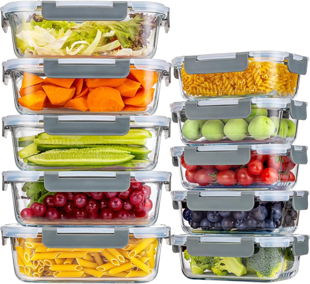KUMD 20 Teile (10 Sets) Glas-Frischhaltedosen Set für Lebensmittel – undichtungsfrei für Meal Prep & Lunch, Ofen/Mikrowelle/Gefrierfach/Spülmaschine, LFGB-zertifiziert & BPA-frei