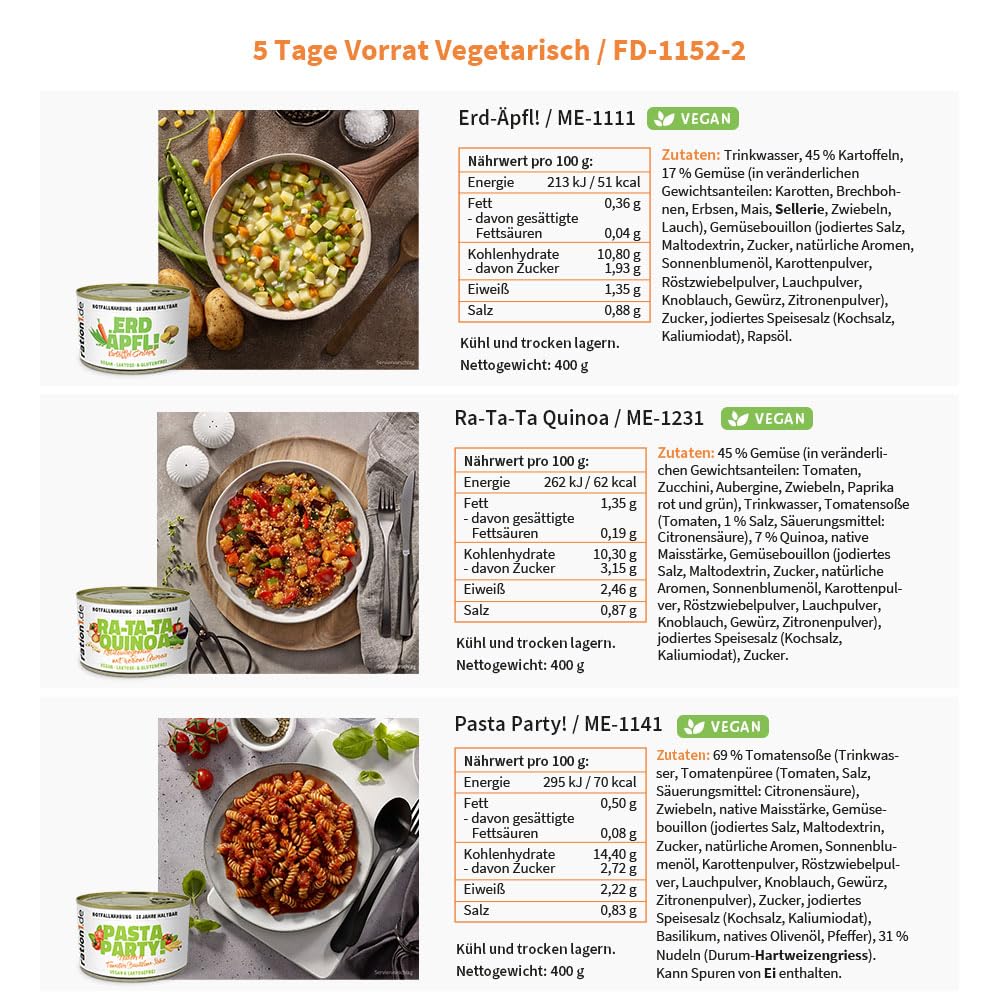 ration1 5-Tage-Notversorgung für Vegetarier, Fertiggerichte und Frühstück, MRE-Überlebensset, Notfallnahrung für Camping und Outdoor, Festival-Gadget- und Prepper-Versorgung, verzehrfertig und 10 Jahre haltbar – Bild 2