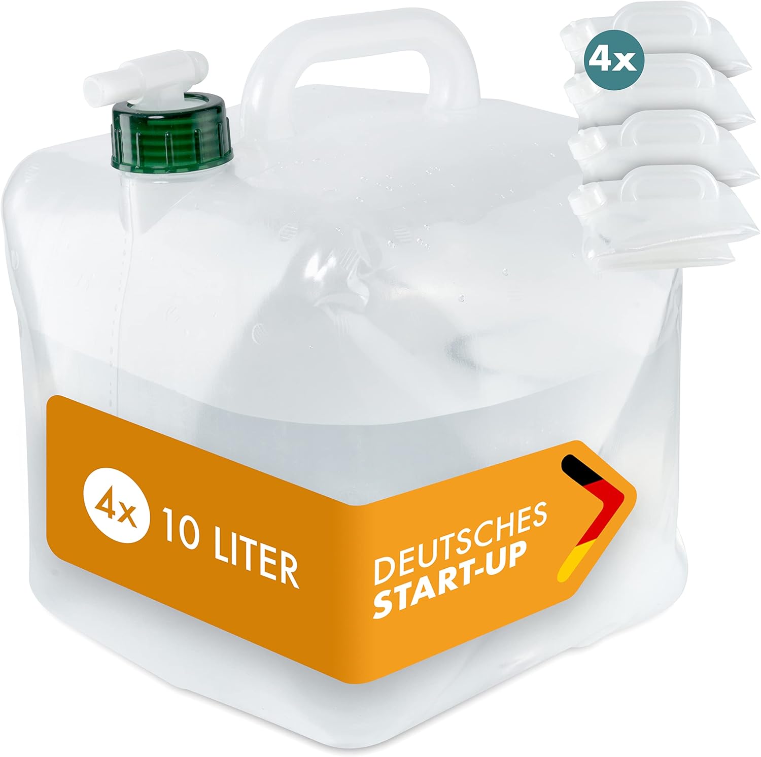 NATURBUMMLER faltbarer Wasserkanister (4er-Set, 10 L) auslaufsicher & robust – BPA-freier Faltkanister für Camping, Outdoor & Notfall – Wasserbehälter mit Trinkaufsatz & Tragegriff