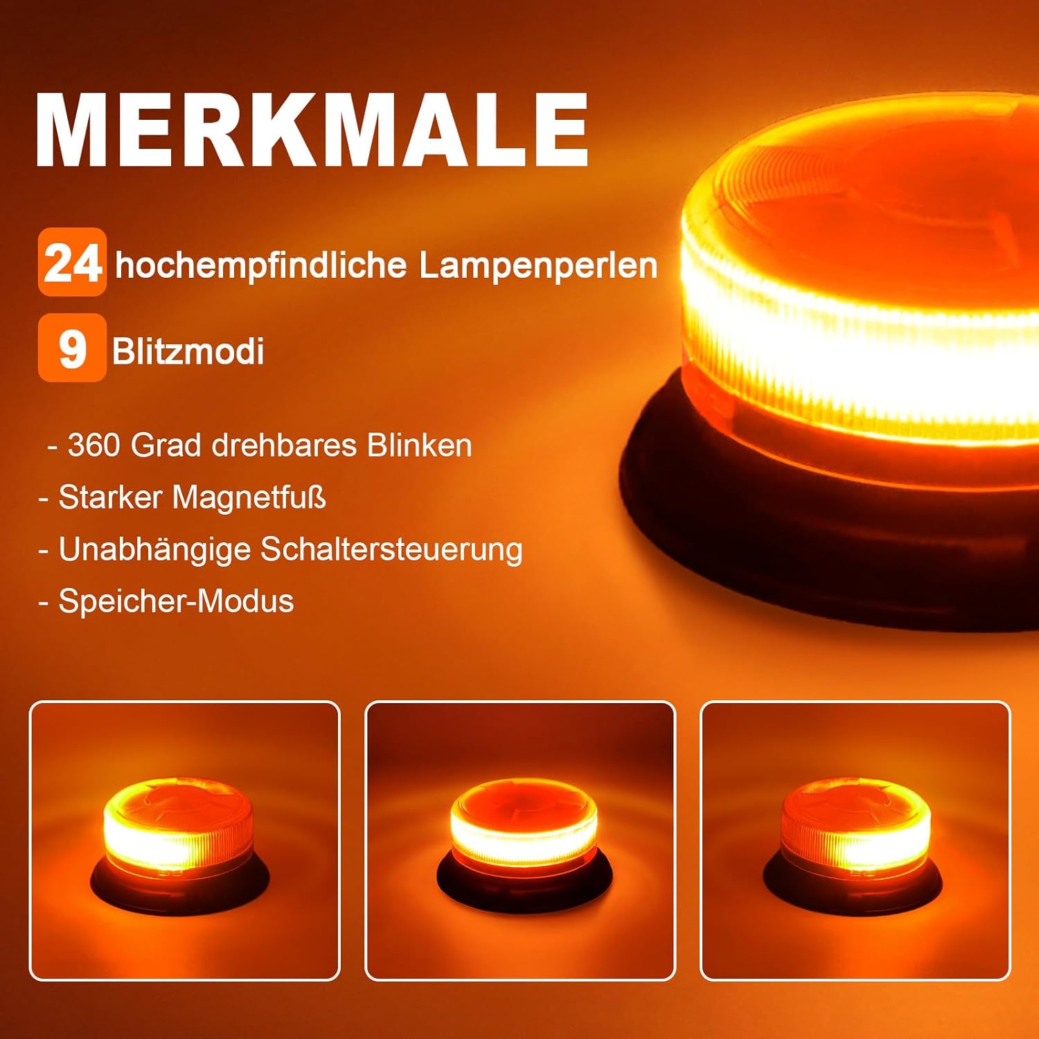 Dinfu Rundumleuchte, Akku mit Fernbedienung, 12 V, gelber Warnlichtmagnet, 9 Modi, Warnlicht mit Autoladekabel und USB-Kabel für Auto, LKW, Traktor, SUV, J-eep – Bild 3