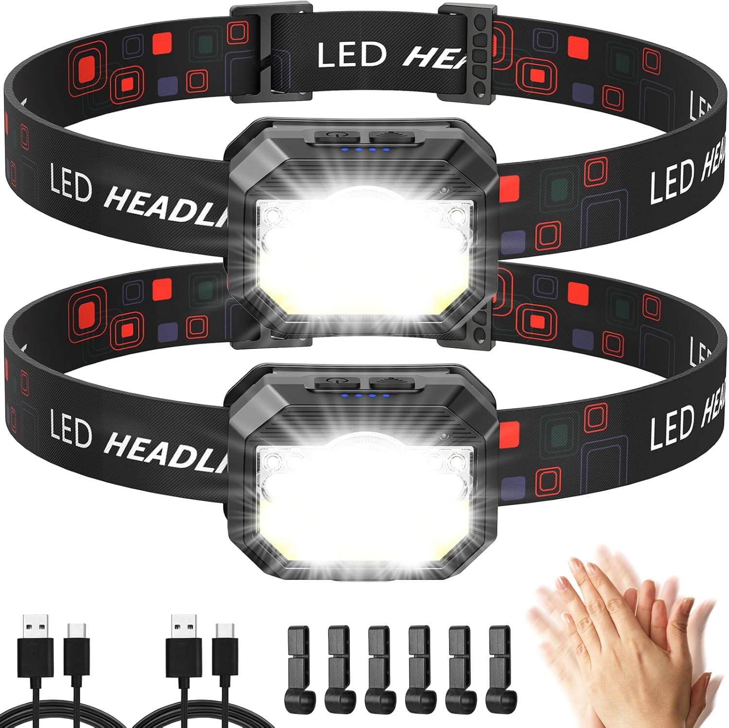 Stirnlampe, 2 Stück, superheller Bewegungssensor, 1500 Lumen, 11 Modi, Stirnlampe, USB wiederaufladbar, wasserdicht, leichte LED-Stirnlampe, perfekt zum Laufen, Wandern, Camping, Radfahren, Angeln.