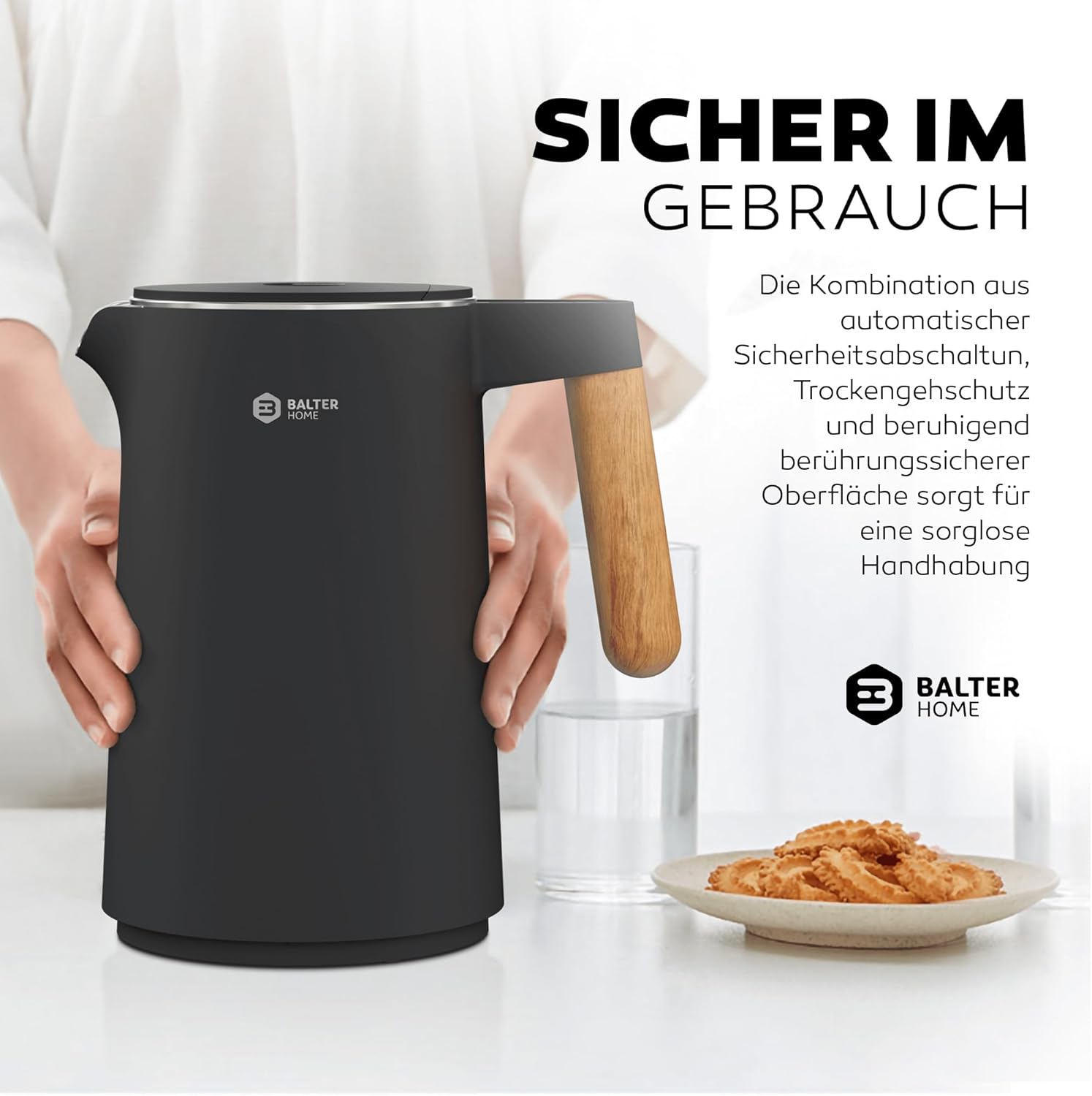 BALTER Edelstahl-Wasserkocher mit Temperatureinstellung, 45 °C – 100 °C, doppelwandig, BPA-frei, leise & kabellos, Warmhaltefunktion, Teebereiter mit Temperaturanzeige, 1,5 l, 2200 W, schwarz – Bild 6