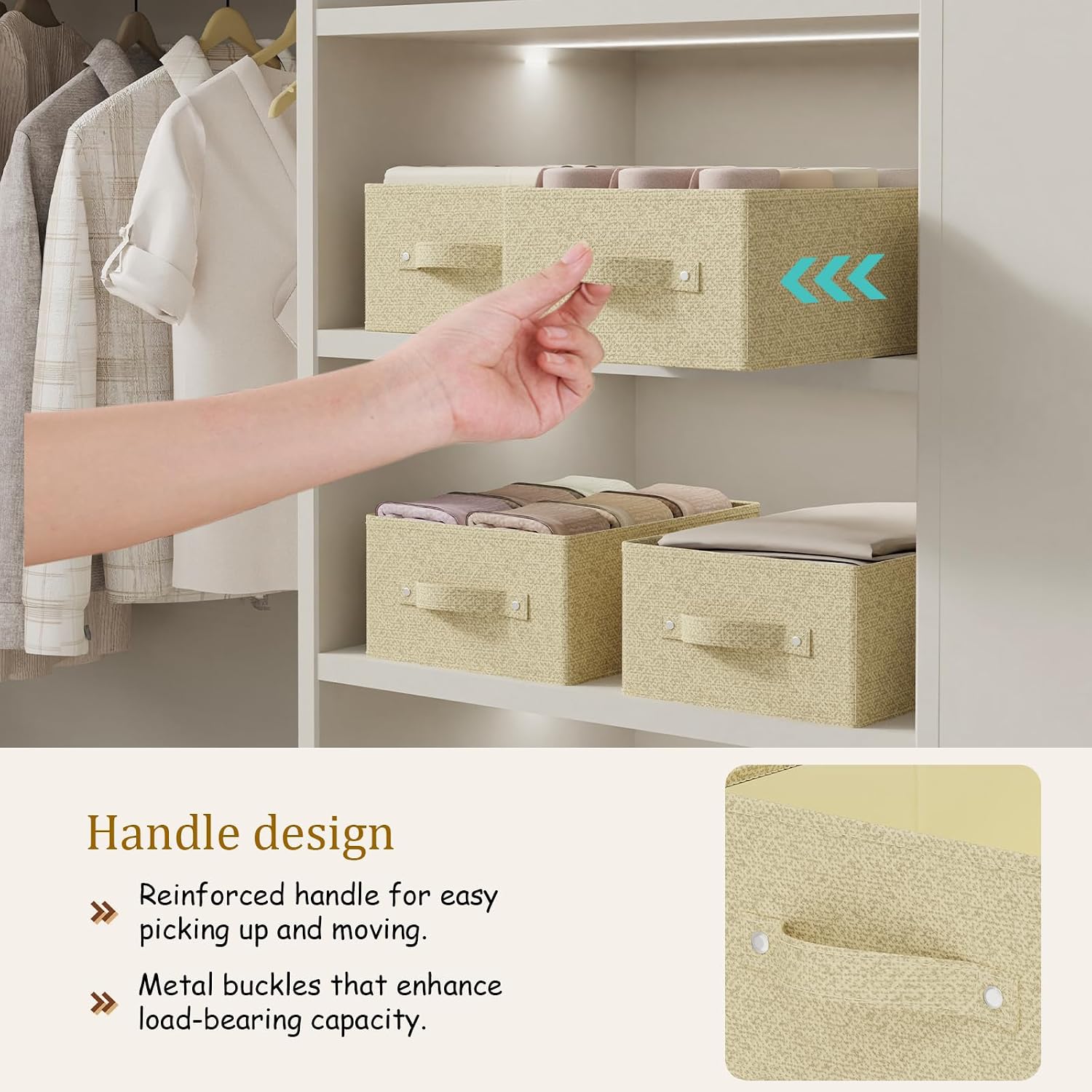 2 Stück Aufbewahrungskörbe für Regale, faltbare Stoff-Aufbewahrungsbox aus Leinen, Schubladen-Organizer-Box mit Griffen für Schrank, offene Stoffbehälter, 33 x 23 x 14 cm, Grau und Beige – Bild 6