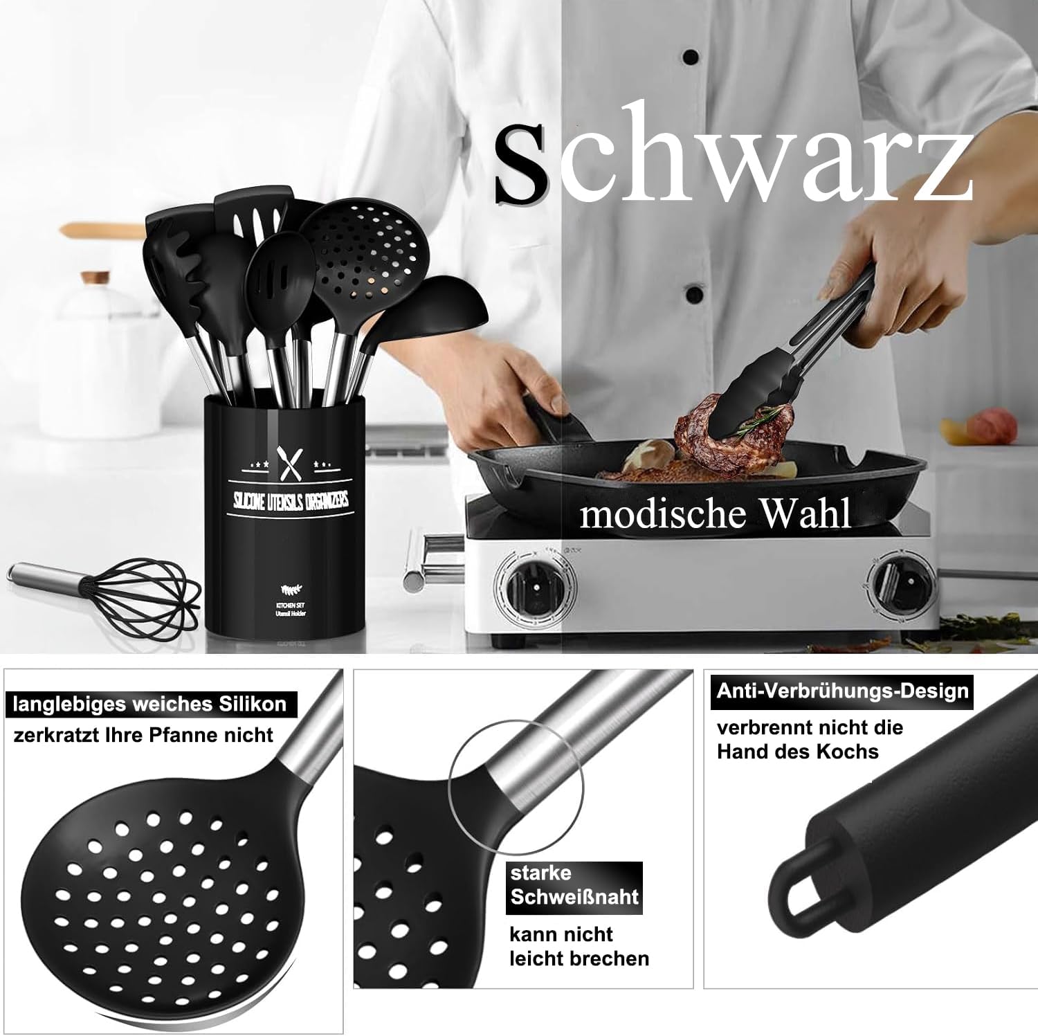 Küchenutensilien-Set, 26-teilig, Silikon-Kochutensilien, Kochbesteck-Set, hitzebeständiges Kochgeschirr mit Utensilienhalter, Antihaft-Kochset, Küchenutensilien mit Edelstahlgriff, spülmaschinenfest – Bild 5