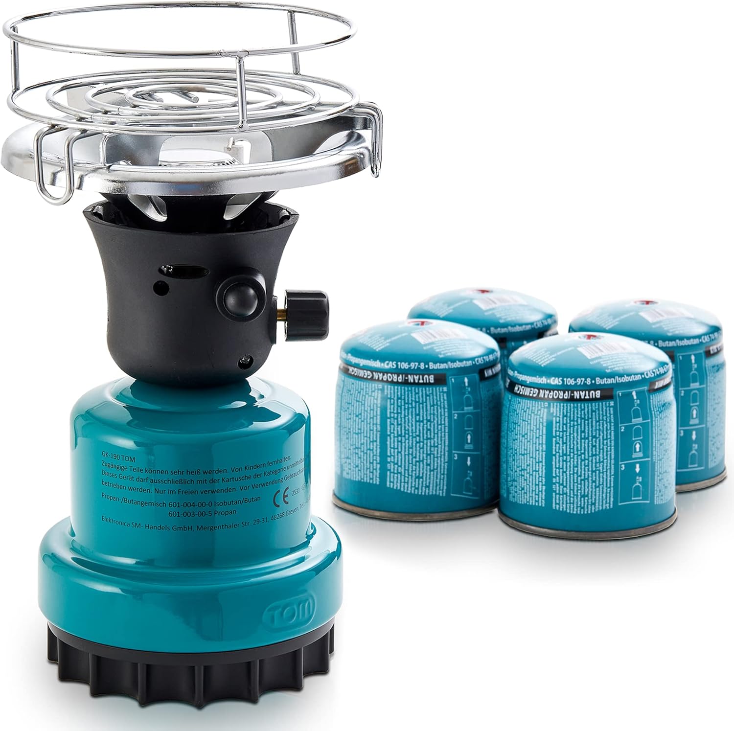 TOM Adventure Gas-Campingkocher-Set mit 4 x Butan-Gaskartusche – 1 Flamme – Piezo-Zündung – Kartuschenkocher für Camping, Festivals & Outdoor-Aktivitäten oder als Kohleanzünder
