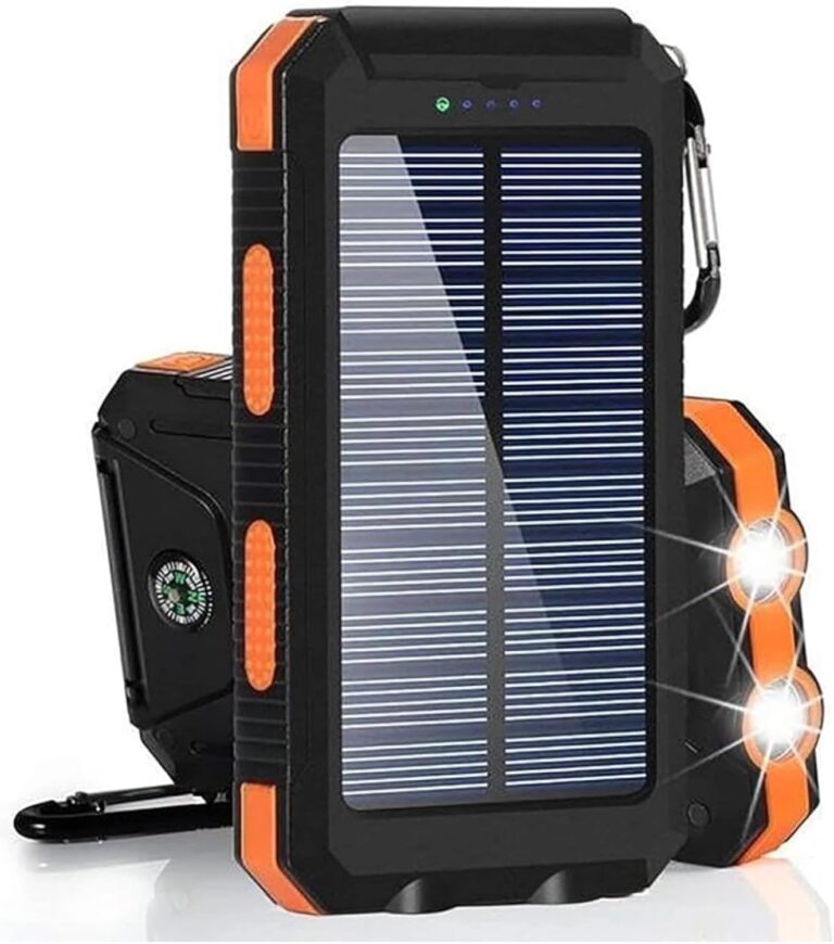 Solar-Powerbank 20000 mAh, wasserdichter externer USB-C-Akku mit 2 Ausgängen, 2 USB-Anschlüssen, LED-Taschenlampen mit Kompass für Outdoor-Aktivitäten