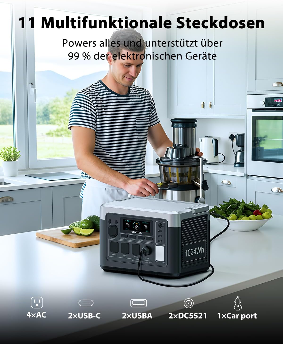 OUKITEL P1000 Plus Tragbares Kraftwerk, 1024 Wh LiFePO4-Akku, 1800 W Wechselstrom (3600 W Spitze)/100 W USB-C-Ausgang, 8 ms USV-Solargenerator für Camping, Wohnwagen, Notstrom zu Hause – Bild 5