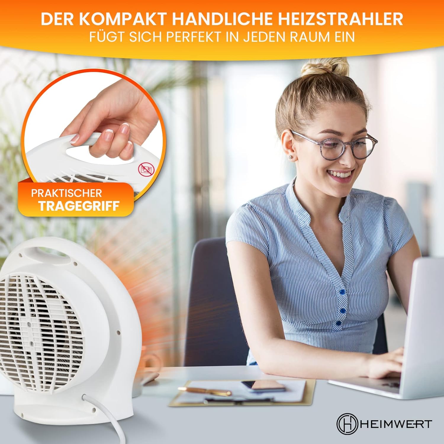 HEIMWERT Heizlüfter energiesparend 2000 Watt – Schnellheizer mit Energiesparstufe und Tragegriff – Elektroheizer mit Thermostat und 2 Power-Wärmestufen I 2-in-1-Kühlfunktion I 22 x 29 x 13 cm (weiß) – Bild 7
