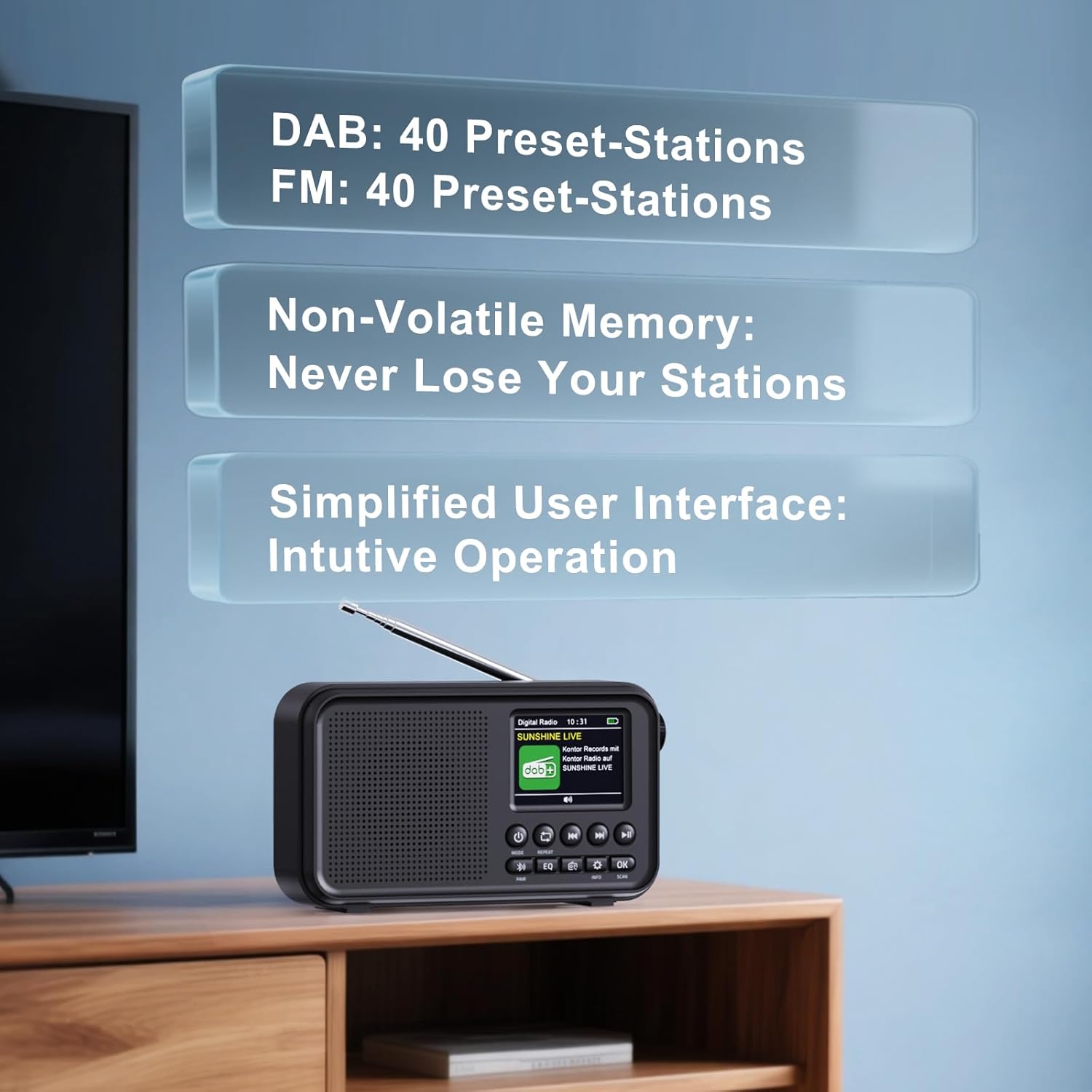 Tragbares DAB/DAB+-Radio, UKW-Digitalradio mit 3000-mAh-Akku, wiederaufladbares UKW-Radio mit Bluetooth 5.0, EQ-Modi, 80 Speicherplätze, 2,4-Zoll-Farbdisplay, Sleep-Timer, 3,5-mm-AUX-Anschluss – Bild 7