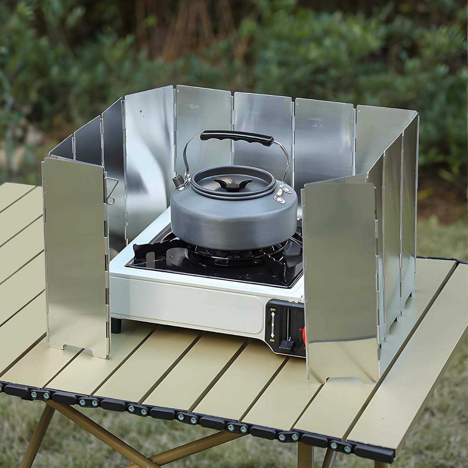 Windschutz Gaskocher, Campingkocher Windschutz, 12-teiliger faltbarer Windschutz Gaskocher, 1 m langer Metall-Windschutz für Campingkocher, Camping-Gaskocher Windschutz mit eleganter Verpackung