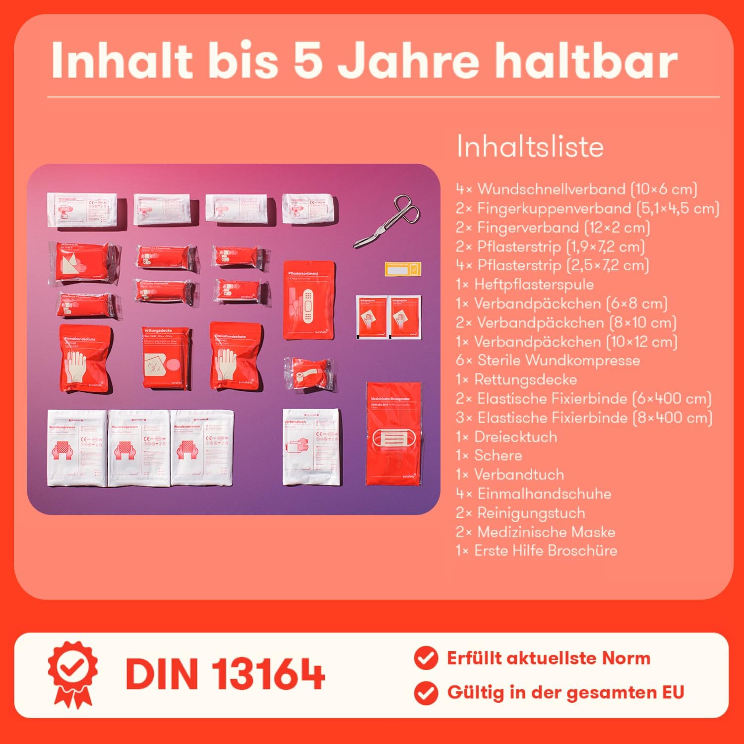 PURAHELP Erste-Hilfe-Set Auto (DIN 13164) – Erste-Hilfe-Set Auto StVO konform für 2026 – Auto-Verbandkasten & Sanitärset – Kompaktes Notfallset für Fahrzeuge – Auto-Verbandset nach aktueller Norm – Bild 4