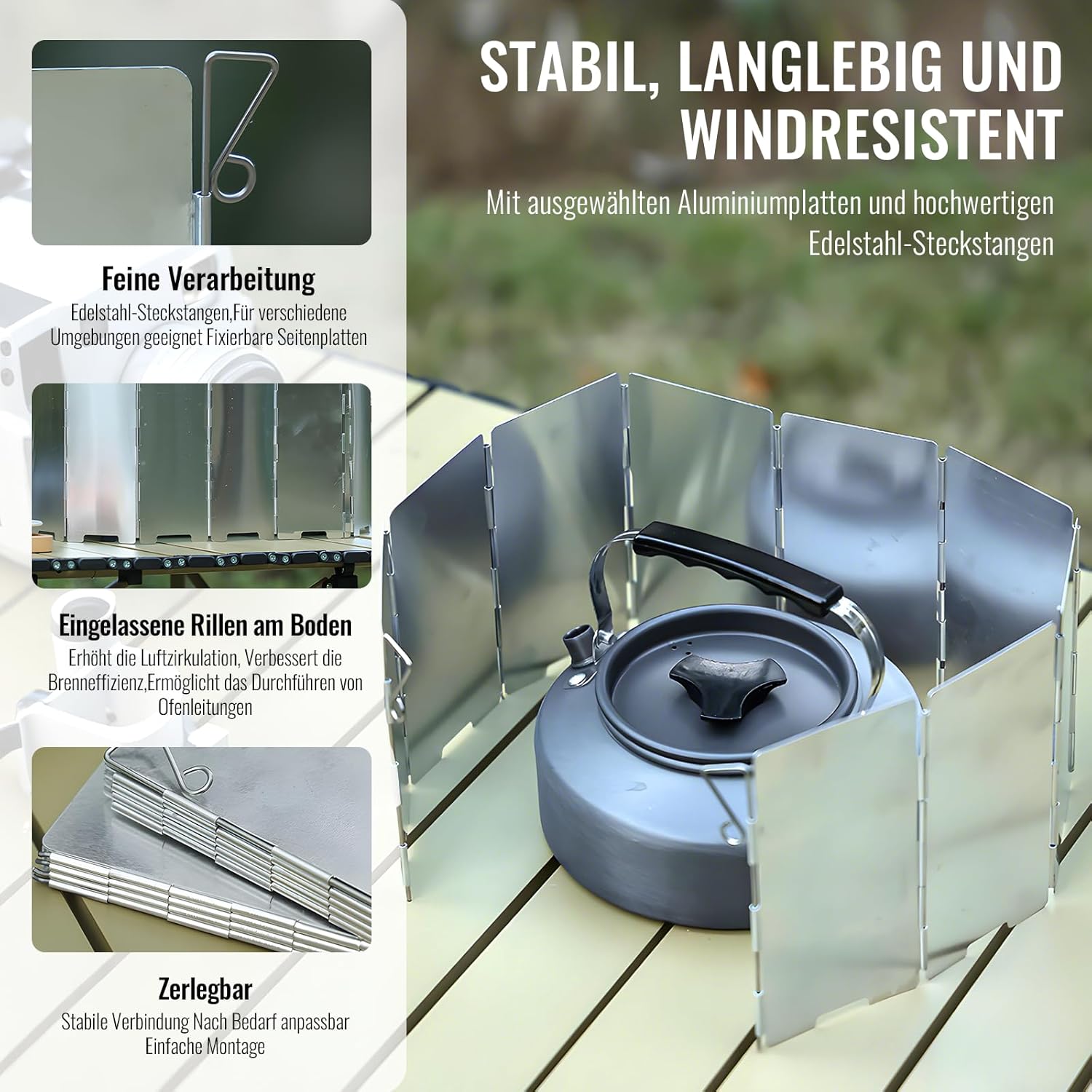 Windschutz Gaskocher, Campingkocher Windschutz, 12-teiliger faltbarer Windschutz Gaskocher, 1 m langer Metall-Windschutz für Campingkocher, Camping-Gaskocher Windschutz mit eleganter Verpackung – Bild 4