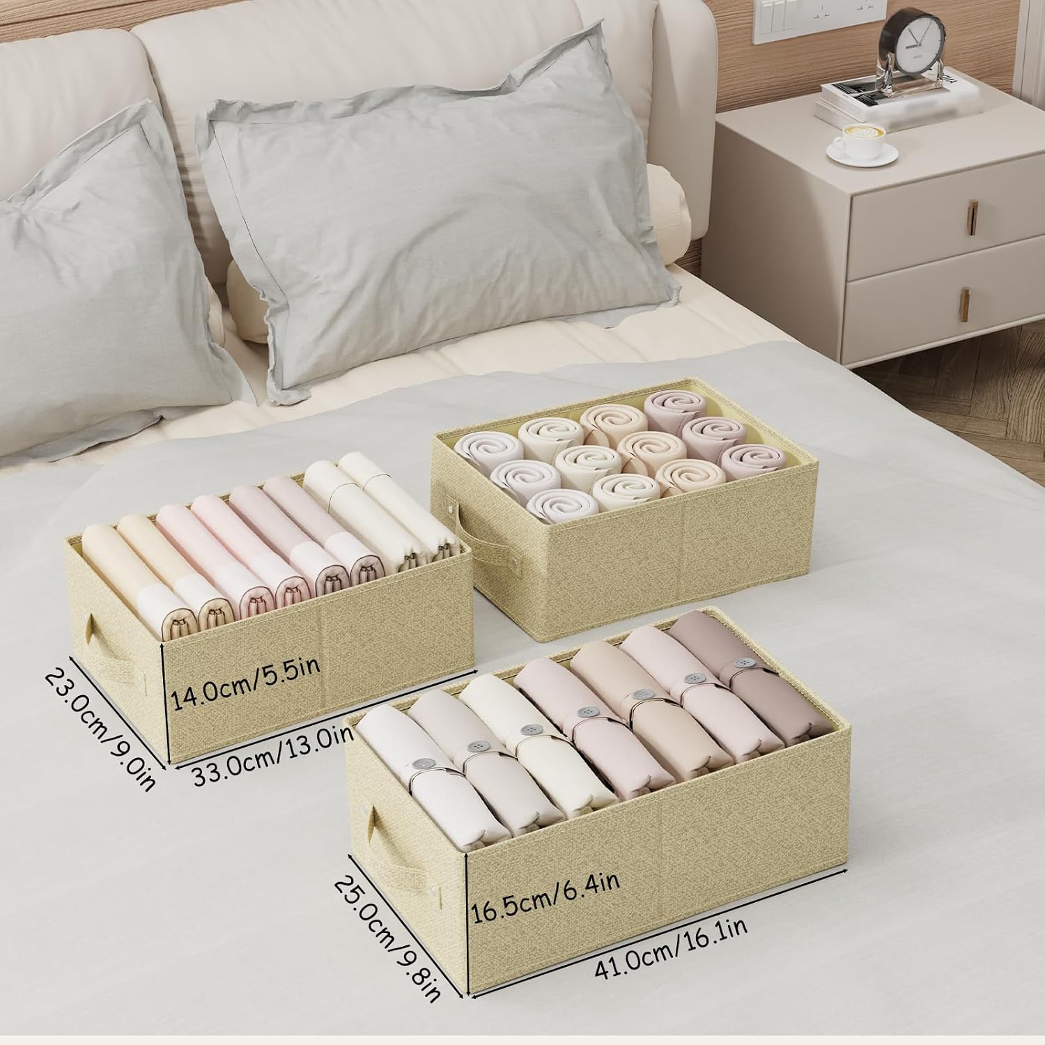 2 Stück Aufbewahrungskörbe für Regale, faltbare Stoff-Aufbewahrungsbox aus Leinen, Schubladen-Organizer-Box mit Griffen für Schrank, offene Stoffbehälter, 33 x 23 x 14 cm, Grau und Beige – Bild 5